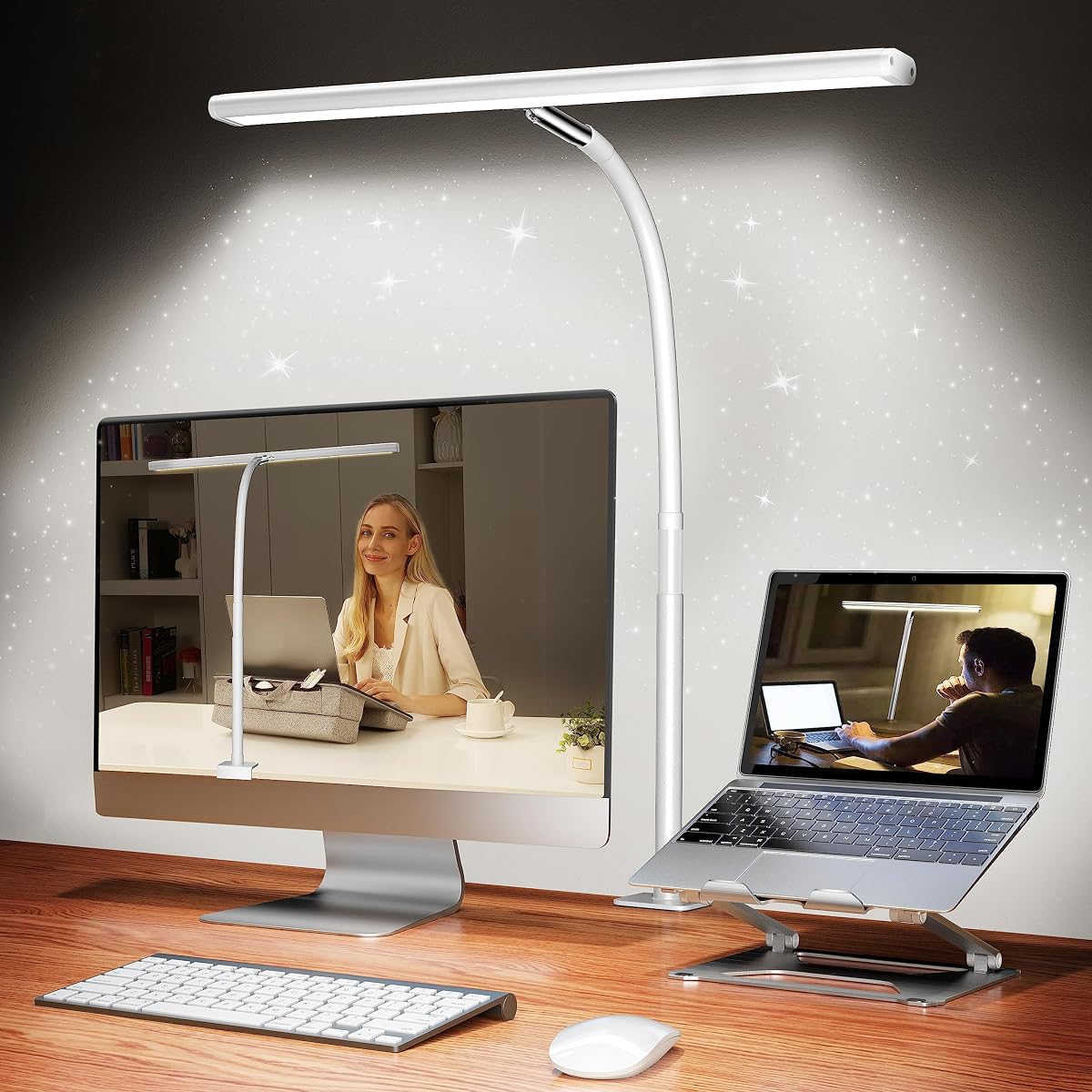 LED Desk Lamp with Clamp, 17" Stepless Dimming Light, White | 2700K-6500K, 100 LEDs, 360° Gooseneck, Fits Up to 30" Monitors, Flicker-Free Lighting for Home Office, Study& Workbench