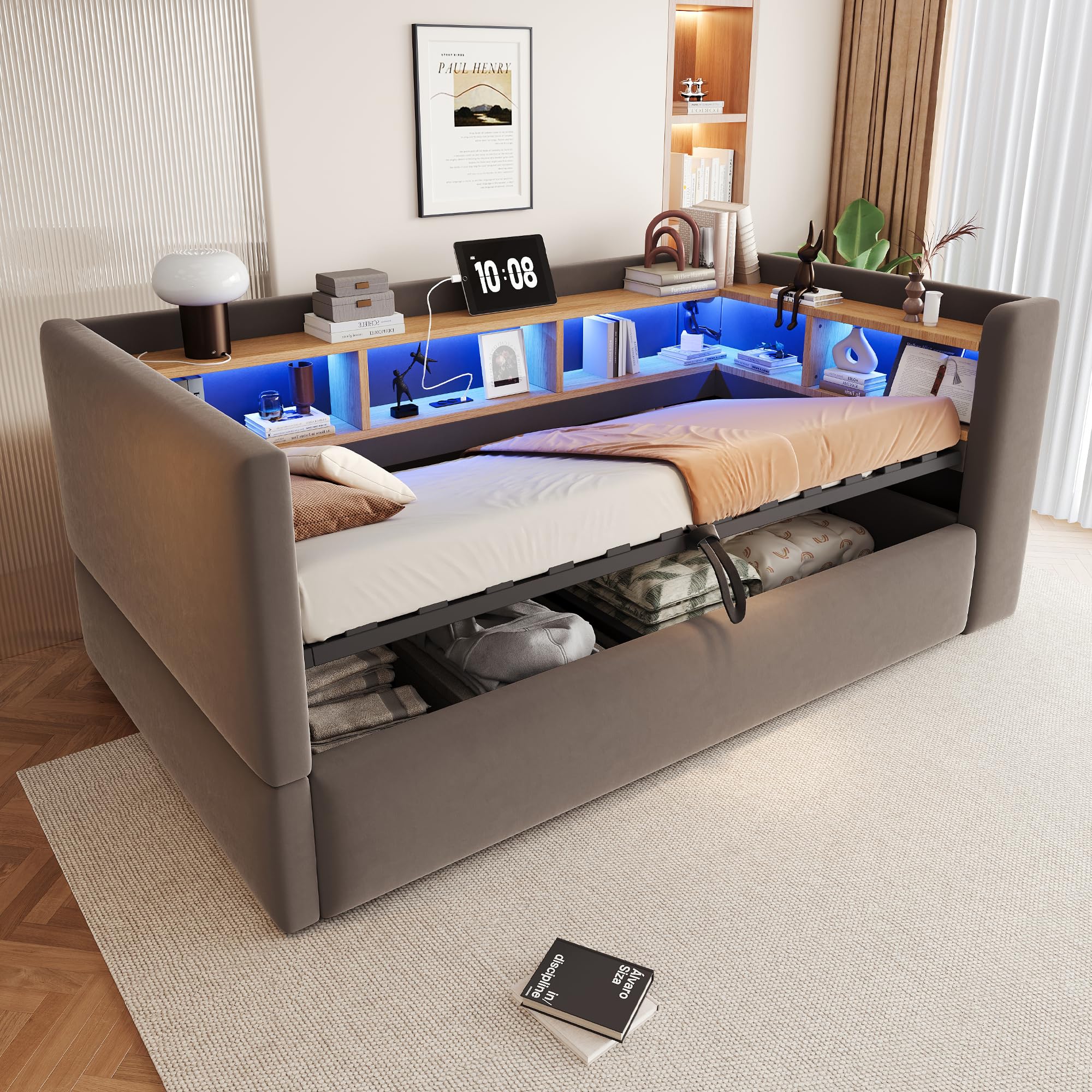 Cama con almacenamiento hidráulico 90x190 para organizar habitaciones pequeñas