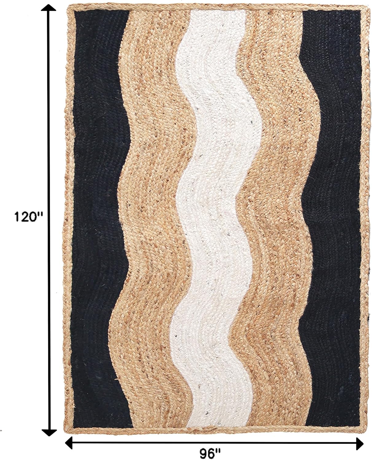 Premium Quality Jute Rug 10x18 Feet Area Rug Natural Fiber Jute Rugs Thick 0.27" Black Geometric Wavy Stripe Pattern Rugs for Living Room Bedroom Outdoor Home/Office Decor Carpet