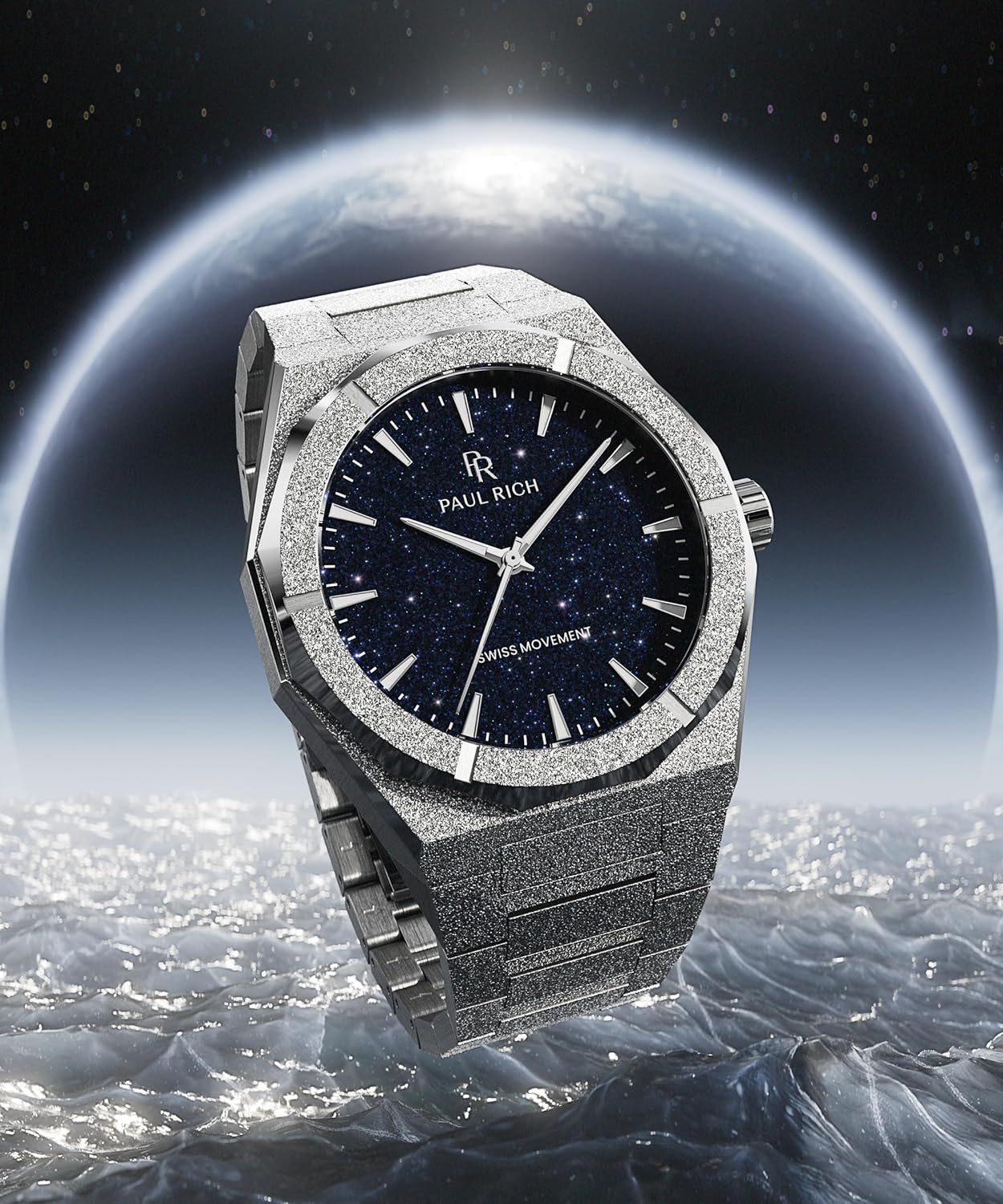 Paul Rich Frosted Star Dust II Men’s Watch, 43 mm Stainless Steel, Luminous Hands, Swiss Quartz, Water Resistant