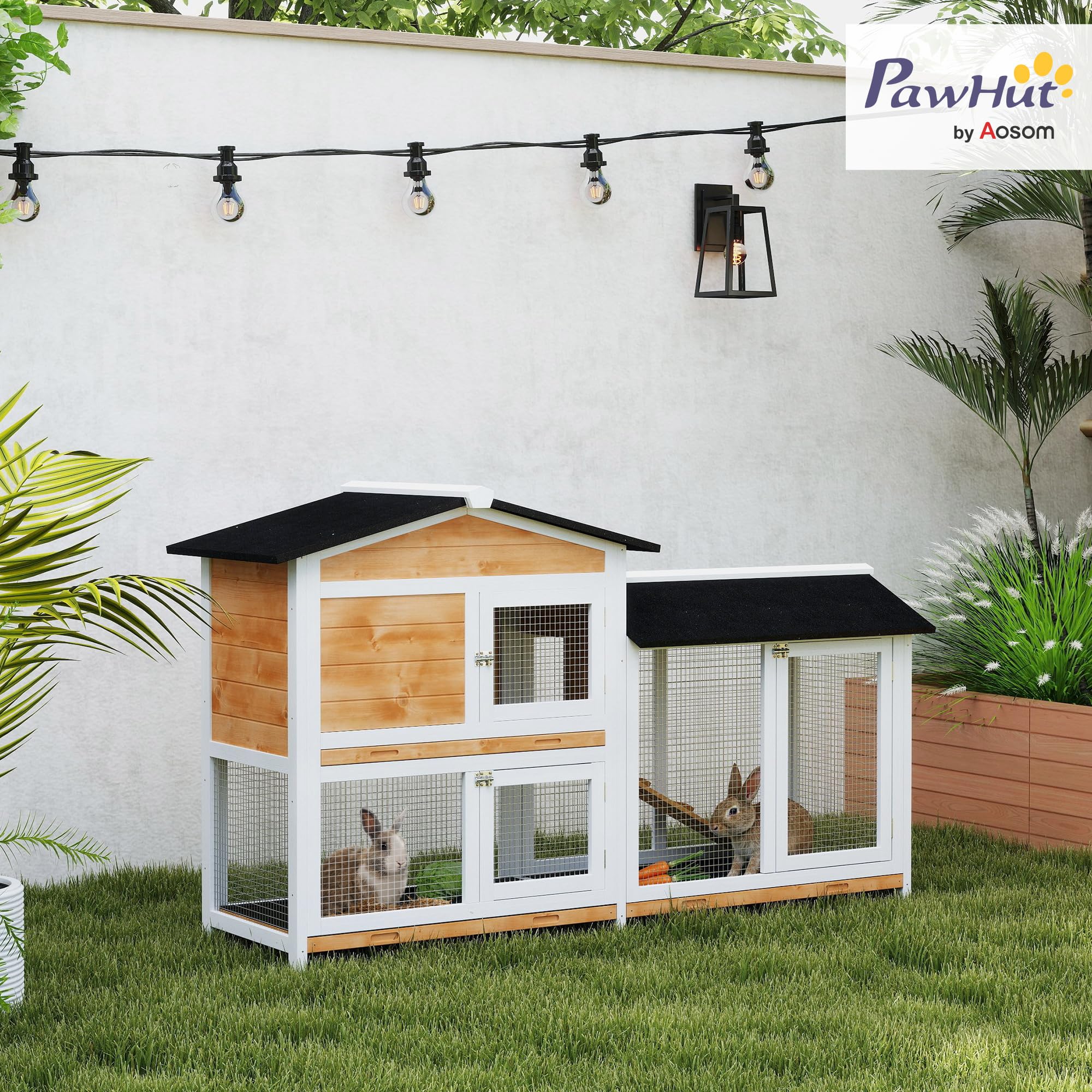 PawHut Conejera de Madera Exterior Jaula para Conejos de 2 Niveles con Techo Asfáltico 2 Corrales de Metal Bandeja Extraíble 2 Puertas y Rampa 157,4x53x93,5 cm Natural