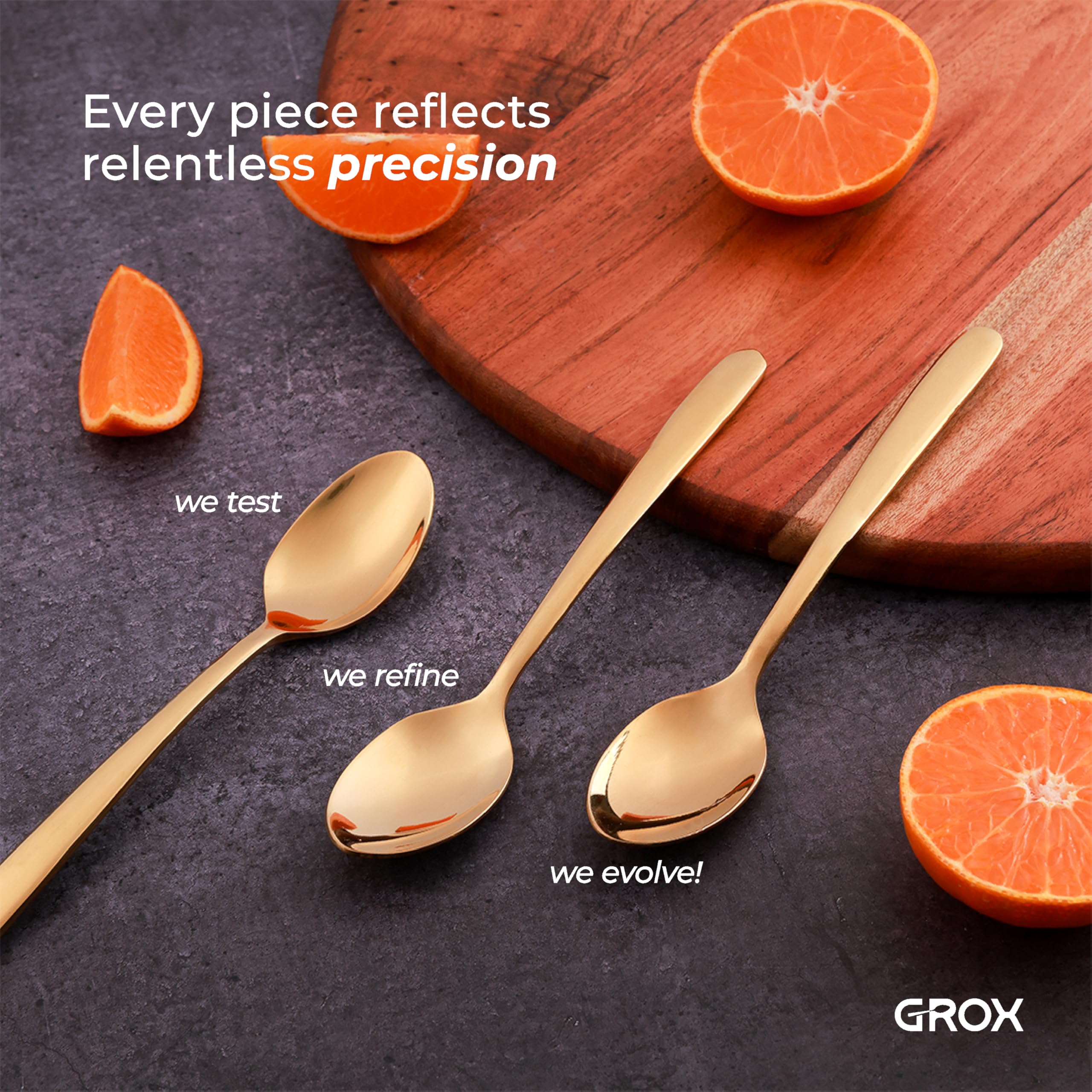 GROX Curve Medium Spoon - Set of 6 | Gold | 17 cm | 304 Stainless Steel 18/8 | Elegant Dining Spoon 2