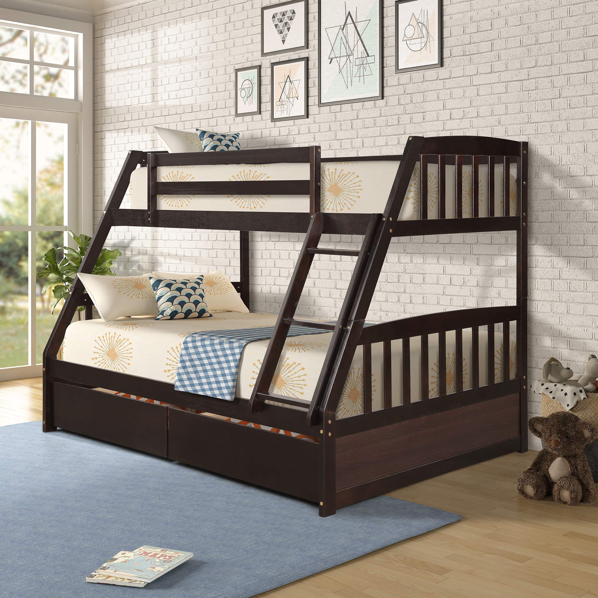 Merax Solid Wood Twin Over Full Bunk Bed with Two Storage Drawer, Removable Ladder and Safety Guardrail for Kids, Teens, Adults, Convertible to 2 Separated beds (Espresso)