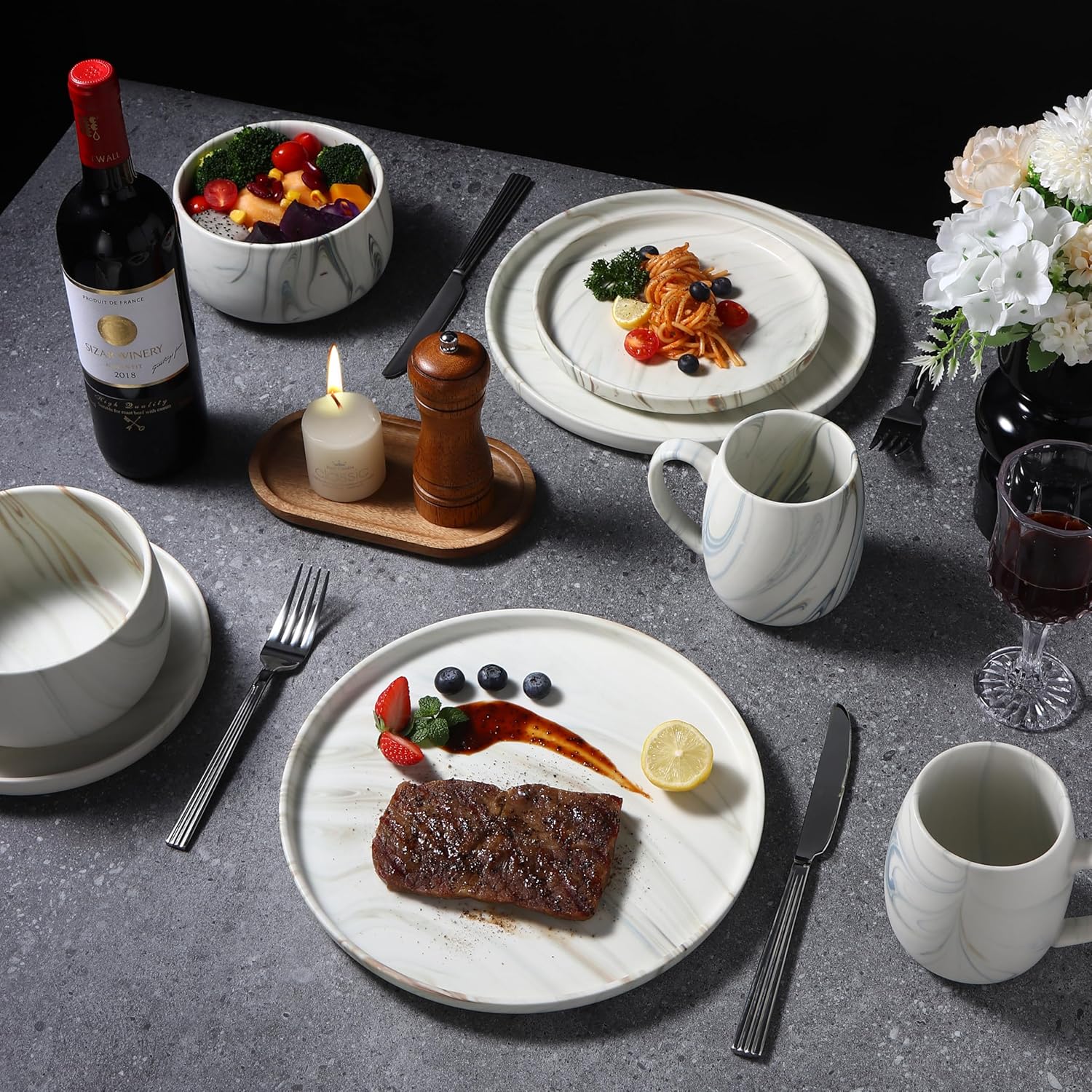 Lorren Home Trends Marble Pattern Dinnerware Set, 16 Piece Service for 4, Includes 10.5" Dinner Plates, 7.75" Salad Plates, 32 oz Bowls, 16 oz Mugs, Dishwasher & Microwave Safe