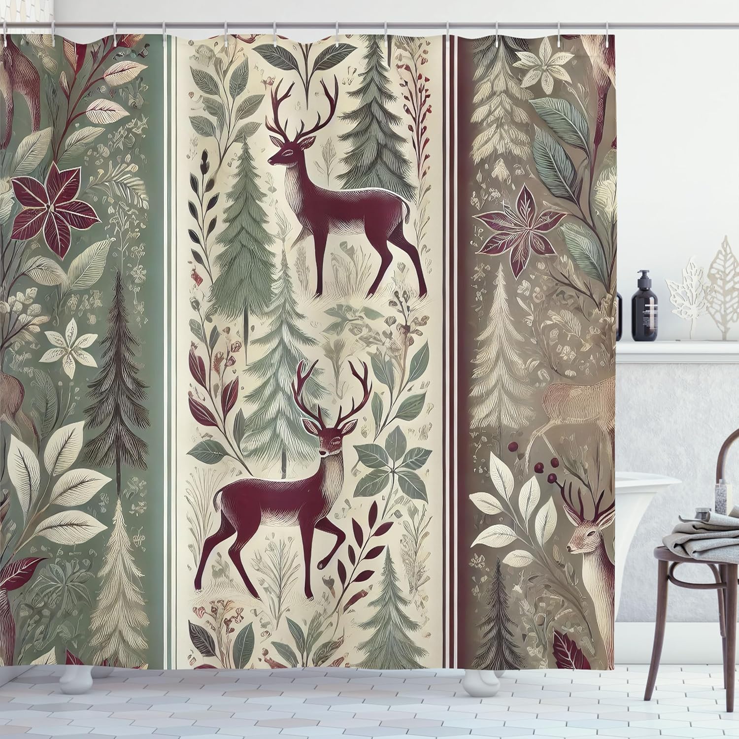 Ambesonne Christmas Shower Curtain, Nordic Nature Style Classic Vintage Trees Flowers Leaves and Deer, Cloth Fabric Bathroom Decor Set with Hooks, 69" W x 70" L, Raspberry and Sage Green