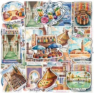20PCS Morocco Stickers – Moroccan Landmarks & Travel Vinyl Decals, Hassan II Mosque, Casablanca, Marrakech, Tagine Stickers for Laptop, Water Bottle, Scrapbook & Travelers