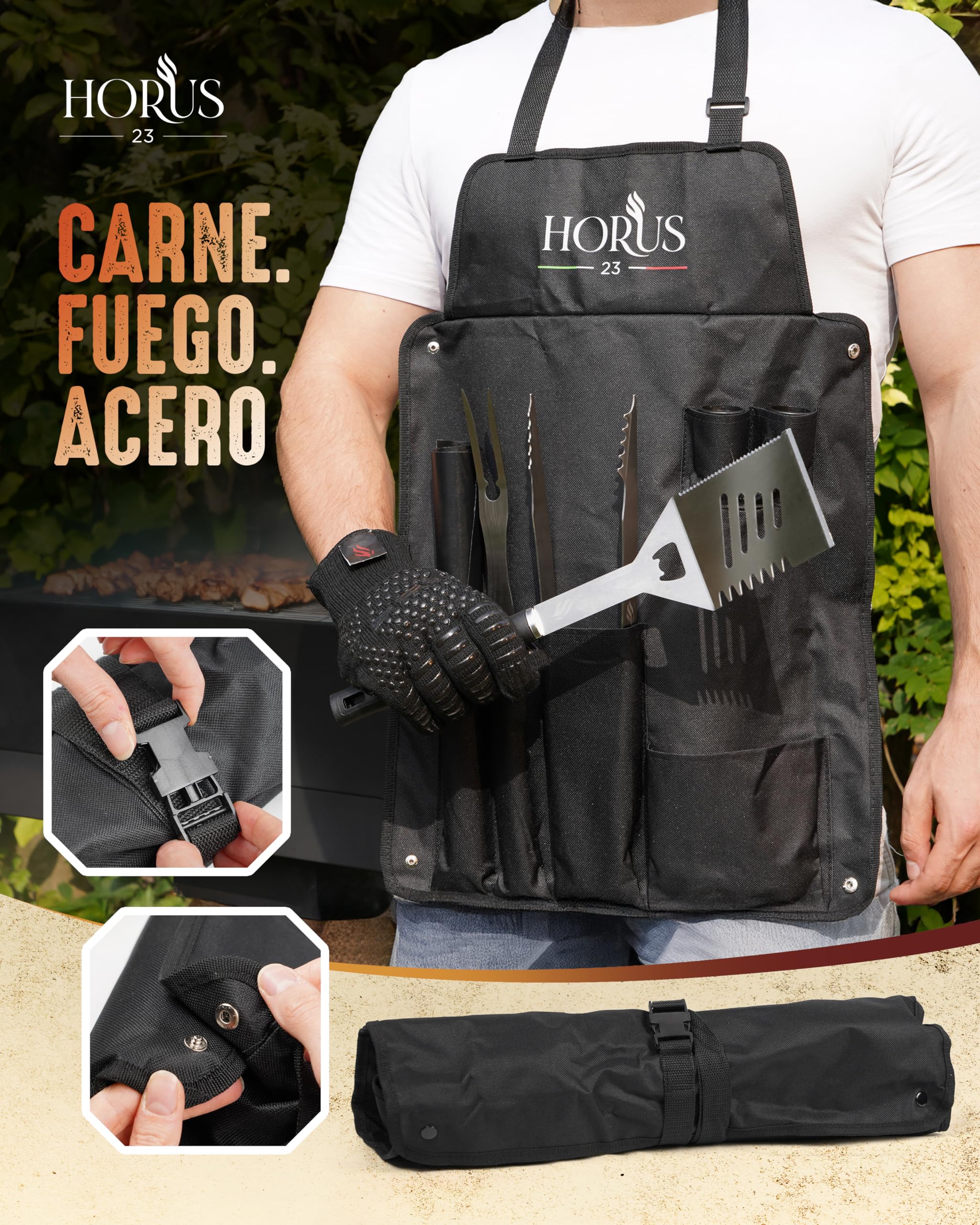HORUS 23® - Kit Barbacoa con BBQ Accessories en Acero Inoxidable, Delantal Oxford con Bolsillos, Guante Ignífugo y Tapete para Parrilla