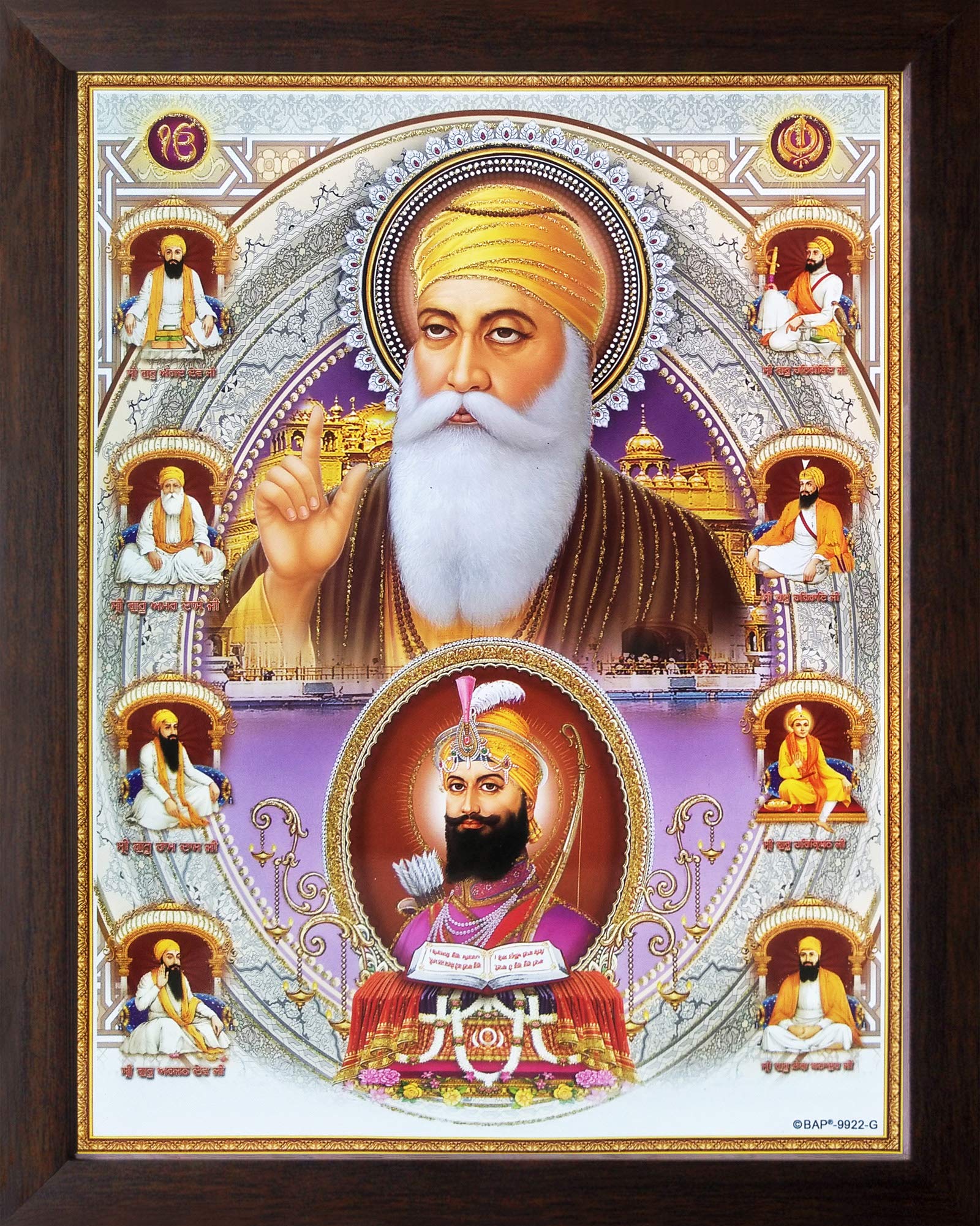 Ten Sikh Gurus and Golden Temple Wall Painting/Poster Painting/Decor Painting with Plane Brown Frame (30 X 23 X 1.0 CM_ Acrylic Sheet Used)