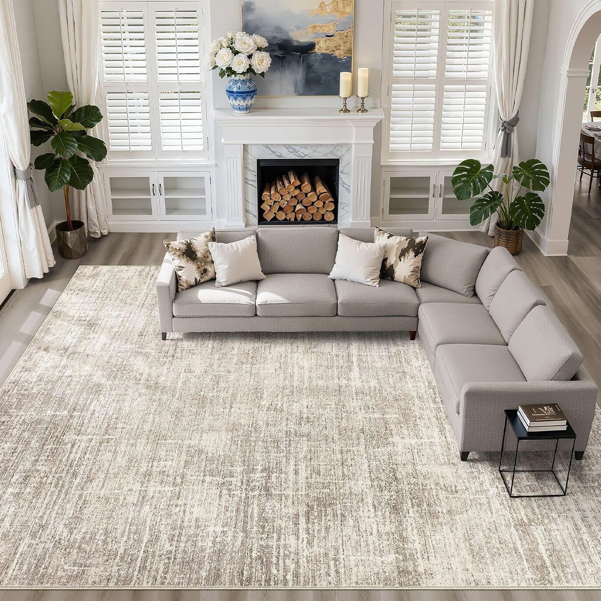 LOONGRUG 10x14 Area Rugs Washable Neutral Modern Rug for Living Room Brown | Large Abstract Soft Stain Resistant Indoor Non-Slip Carpet for Bedroom Nursery Kids Office Playroom Dining Room