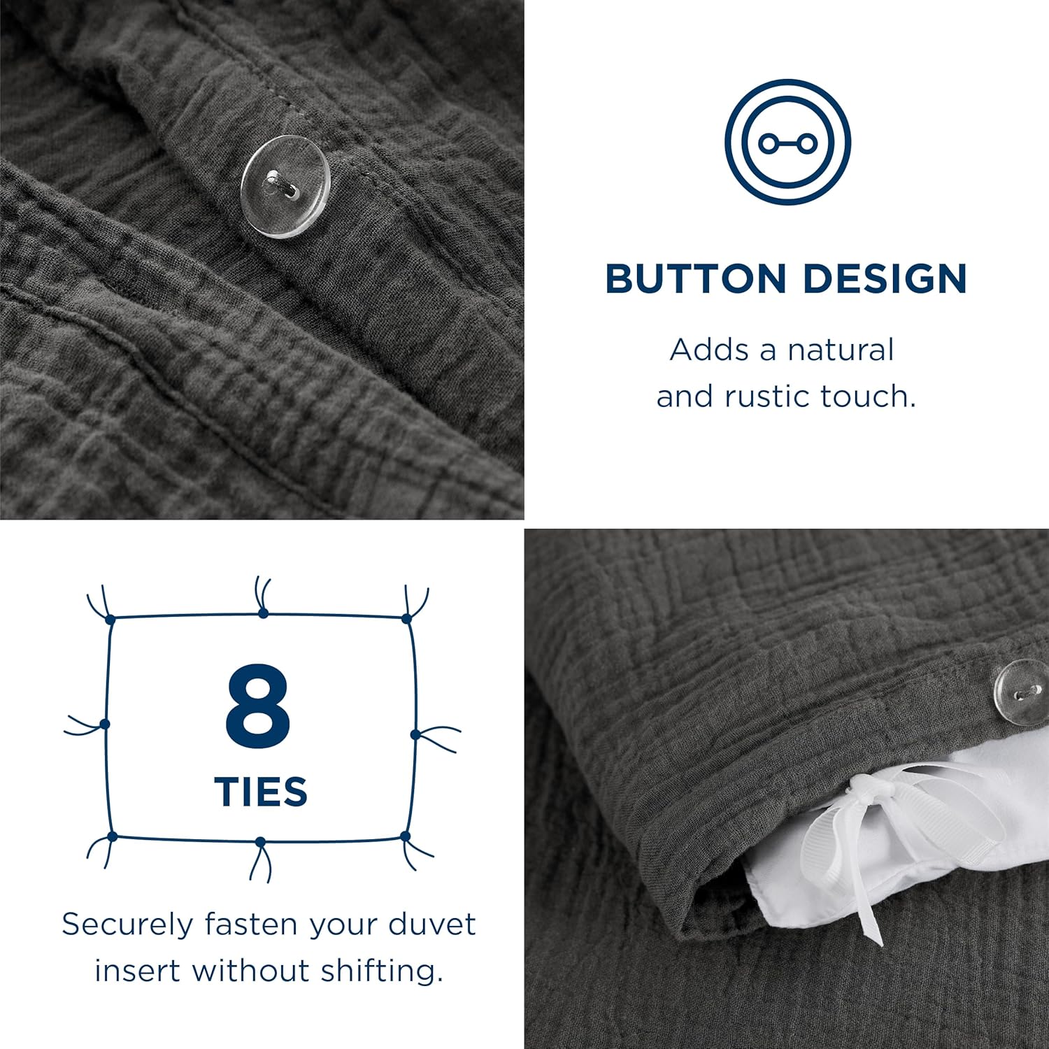 Bedsure 100% Muslin Cotton Duvet Cover Queen Size - Ultra-Soft Gauze Duvet Cover, PureWoven Breathable & Lightweight Bedding Set with Button Closure and Corner Ties (Dark Grey, Queen, 90"x90")