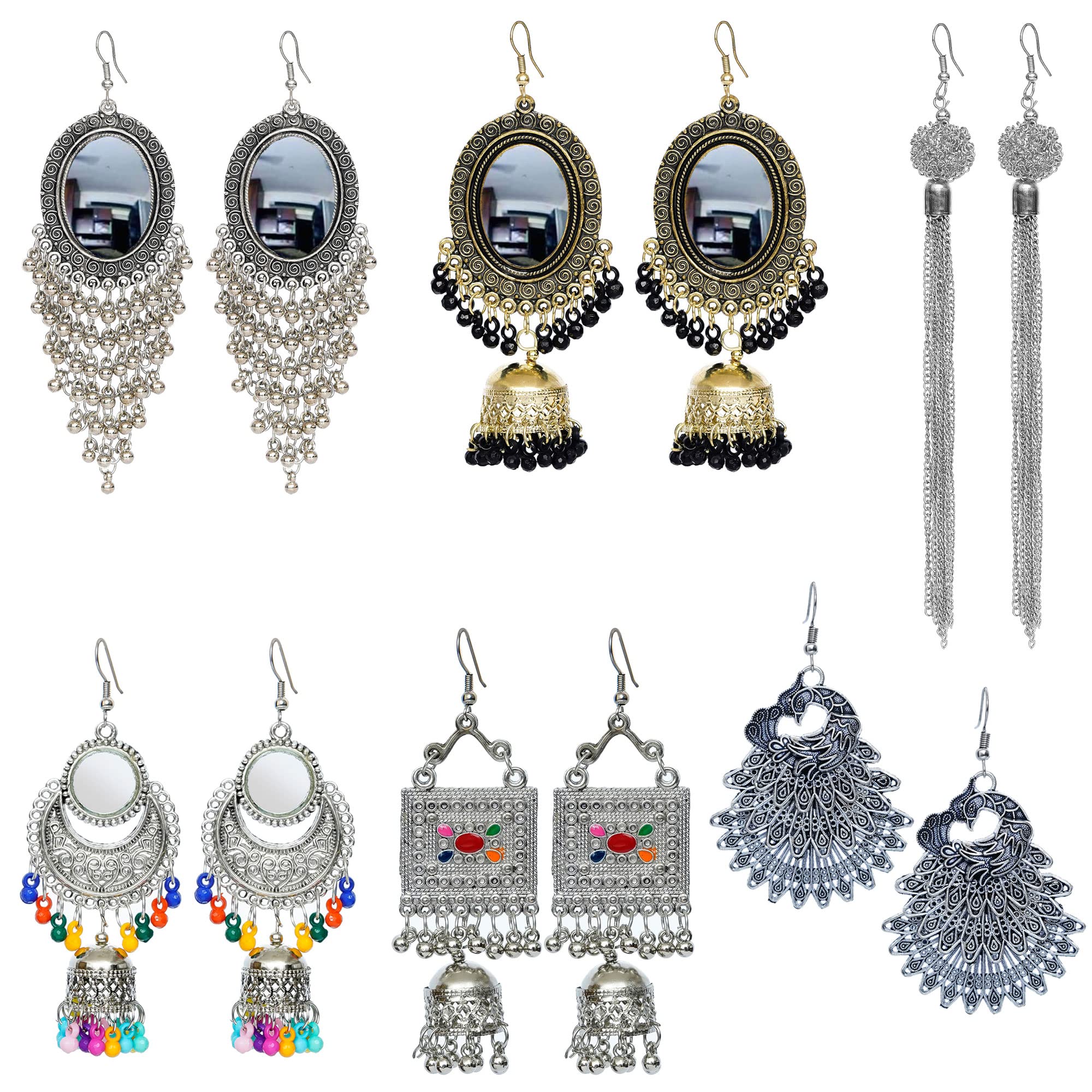 YOTOG Womens Fancy Trending Silver Oxidised 3 Layer Peacock, Golden Mirror Drops and Long Chain Tassel Earrings Combo - 6 Pair (B0B1T7CQXG) Amazon Price History, Amazon Price Tracker