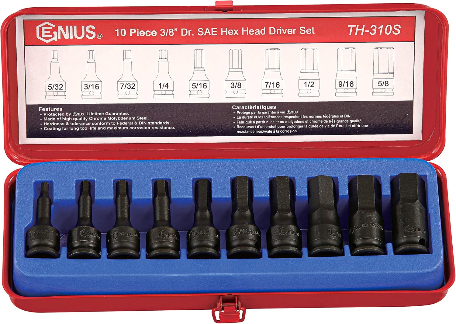 GENIUS TOOLS 10PC 3/8" Dr. SAE Hex Impact Bit Socket Set (CR-Mo) - TH-310S, full size