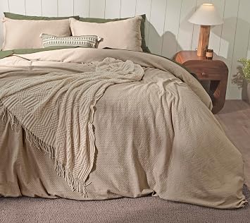 RUVANTI 100% Cotton Waffle Duvet Cover Full Size Set, Soft Pre-Washed Textured Bedding with 8 Corner Ties & Button Closure, Breathable All Season Comforter Cover Set, 3 Piece, Khaki