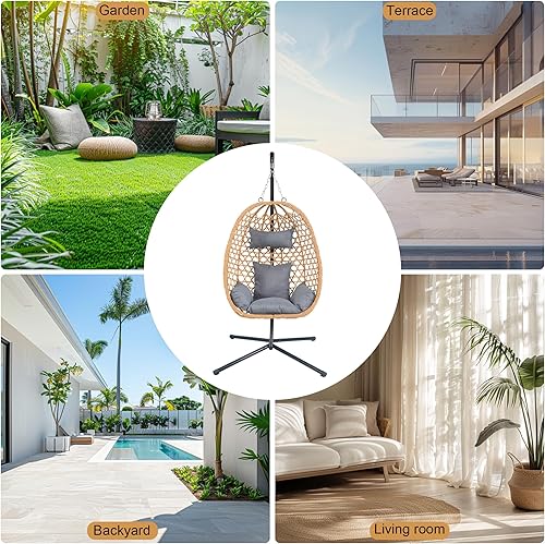 Miniatura 8 de Silla colgante de huevo con soporte y cojines, silla oscilante de ratán para todo tipo de clima para patio, balcón, jardín (diseño bohemio moderno,