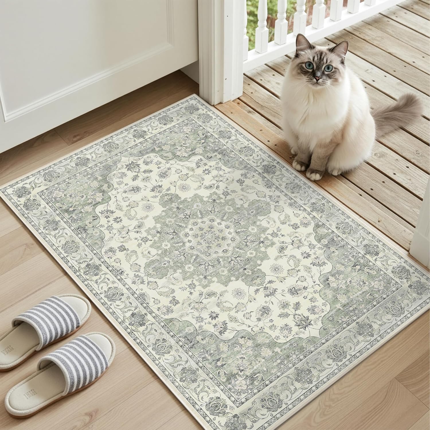 Washable Entryway Runner Rug - 2x3 Kitchen Rug Distressed Low Pile Mats Non Slip Soft Rugs for Dining Room with Rubber Backing Bedroom Runner with Vintage Design (Green 2x3)