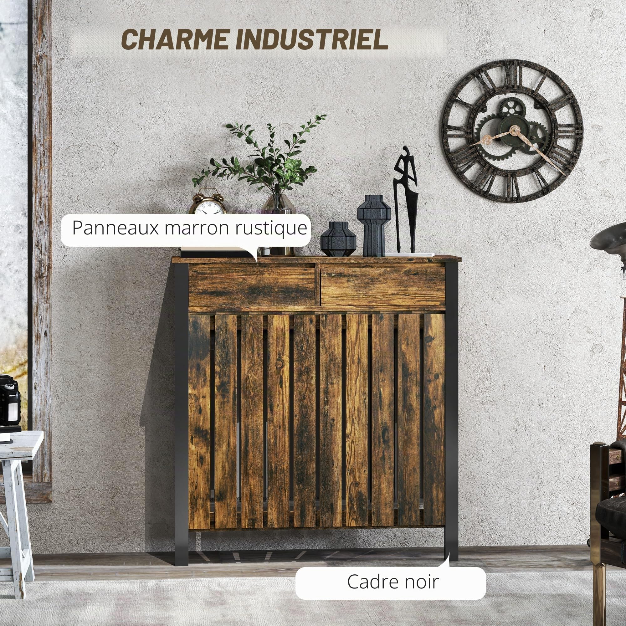 HOMCOM Cache-radiateur avec tiroir, Petit, 88,5x19x93cm, Brun Rustique
