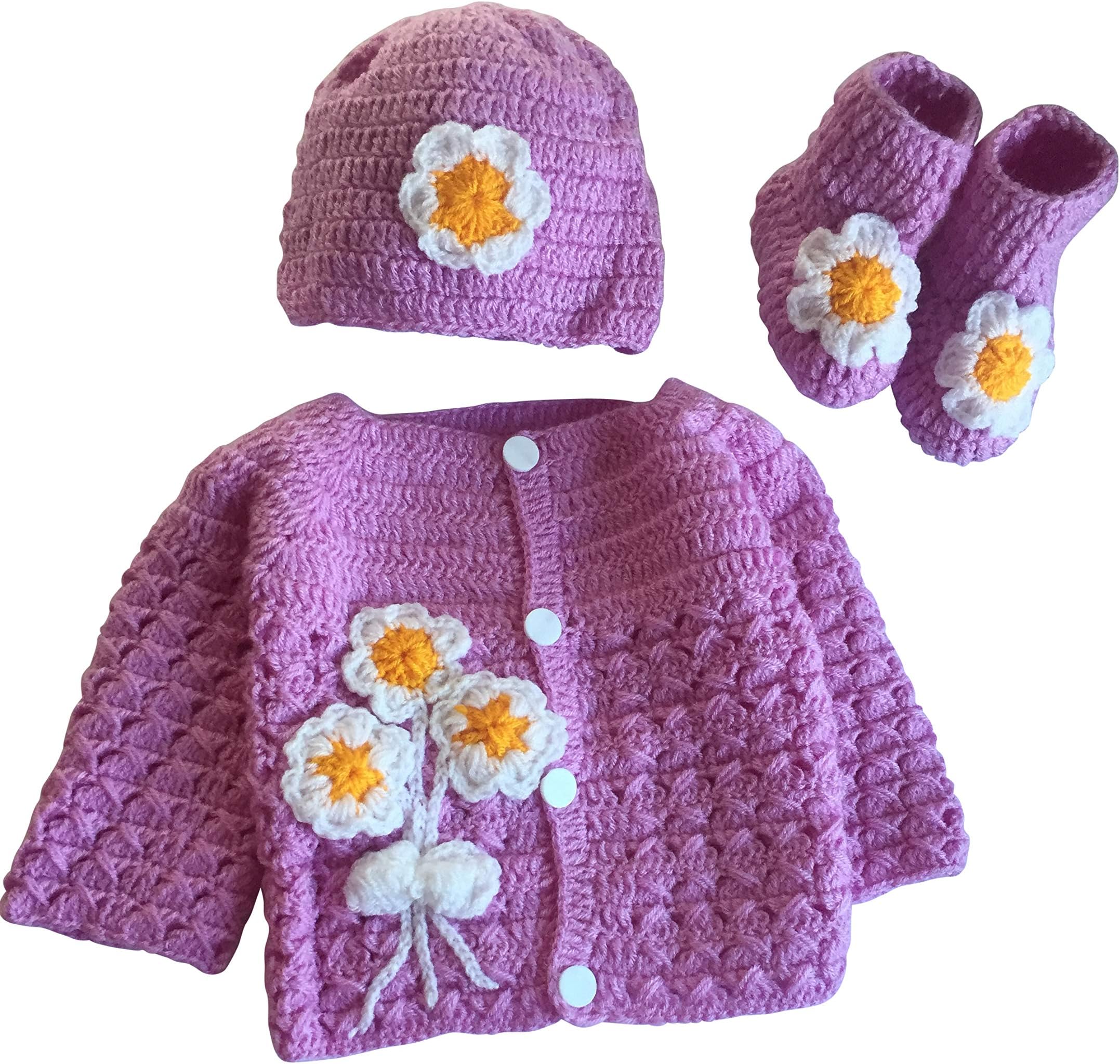 Hand Made 3 Piece Knitted Magnolia Flower Purple Baby Crochet Set- Newborn Toddler Wool Sweater Set Includes- Booties & Hat