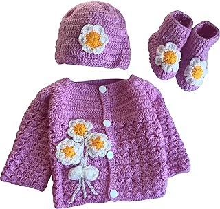 Hand Made 3 Piece Knitted Magnolia Flower Purple Baby Crochet Set- Newborn Toddler Wool Sweater Set Includes- Booties & Hat Price In India
