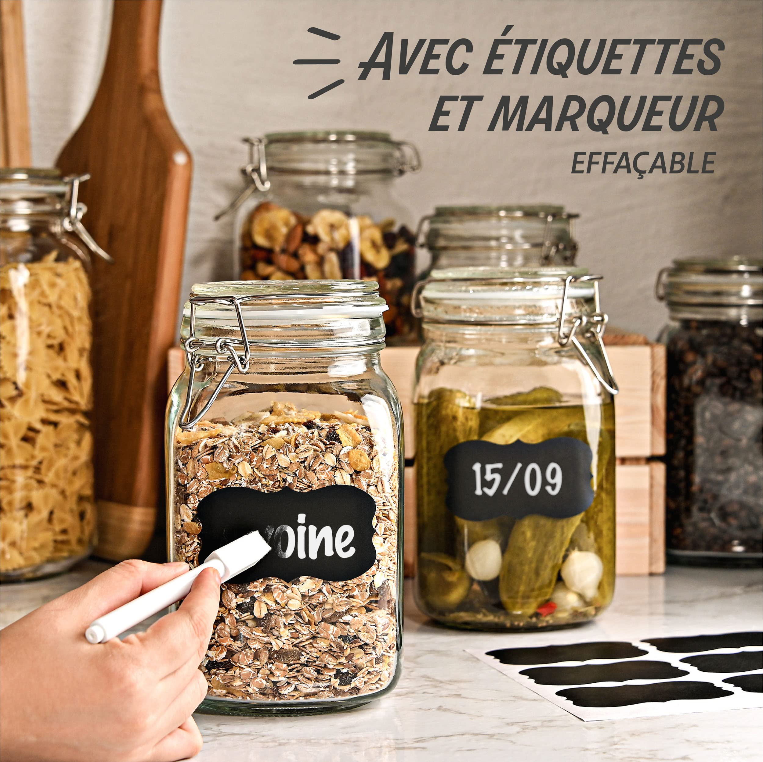 Praknu 4 Bocaux en Verre Hermétiques de 1,5l - Avec Étiquettes, Marqueur et Joints de Rechange - Gain de Place grâce à leur Forme Angulaire