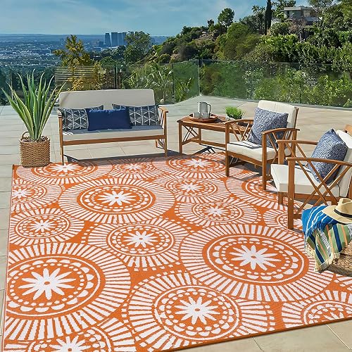 Ileading Outdoor Patio Rug Waterproof, Reversible Plastic Straw Mat, Orange Geometric 8×10 ft