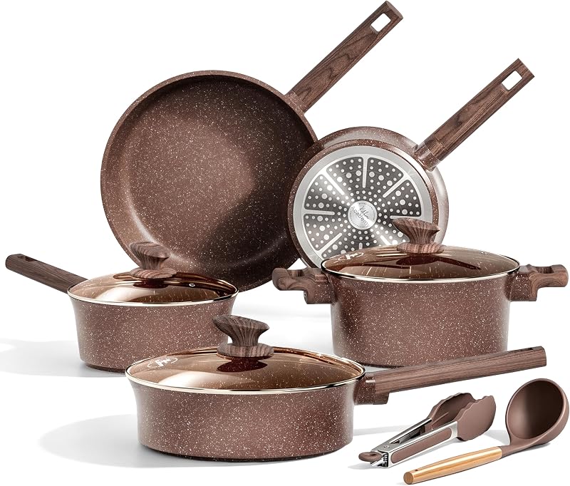 Juego de ollas y sartenes antiadherentes de 10 piezas, juego de utensilios de cocina de inducción | Juego de sartenes de cocina para cocinar, compatible con inducción, estufas de gas y eléctricas, libre de PFOA y PFOS, calefacción uniforme