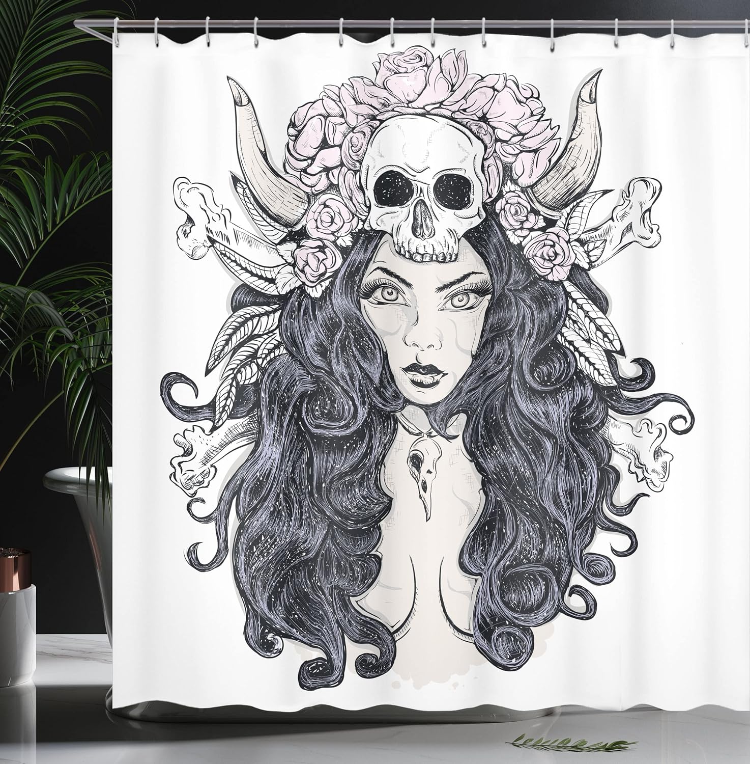Ambesonne Gothic Shower Curtain, Woman with Long Hair and Horns Roses Skull Mysterious Hunted Folklore Artwork, Cloth Fabric Bathroom Decor Set with Hooks, 69" W x 70" L, Pink Lilac