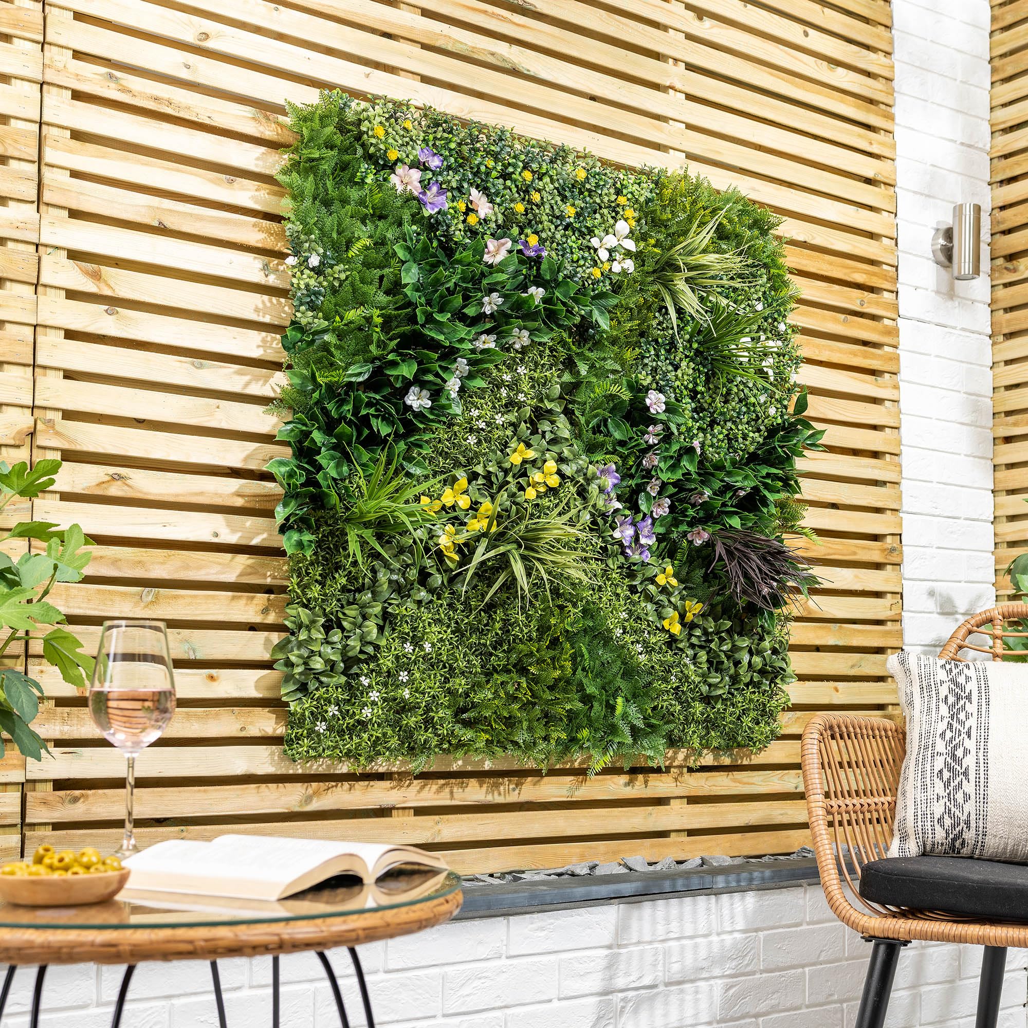 Artificial Living Wall Panels, Spring Bloom Green Plant Flower Foliage, Indoor Outdoor, Home Garden Decoration, Privacy Hedge Fence Screening, UV Stabilised, Waterproof, Natural Look (100cm x 100cm)