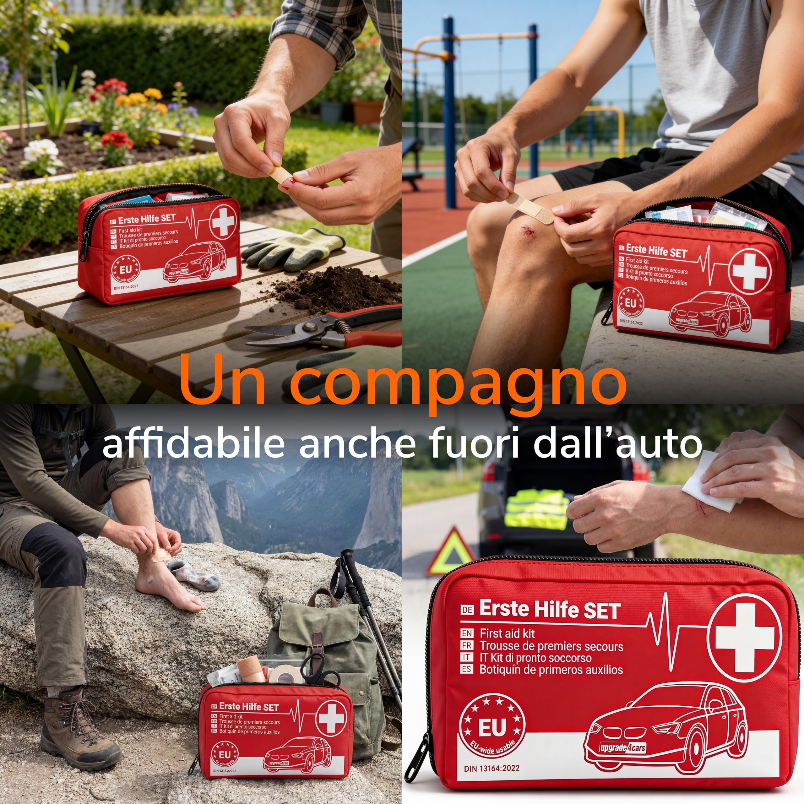Upgrade4cars Kit di Primo Soccorso Auto 2026 DIN 13164 Set Valido in Tutta Europa | Borsa di Medicazione anche per Casa e in Viaggio