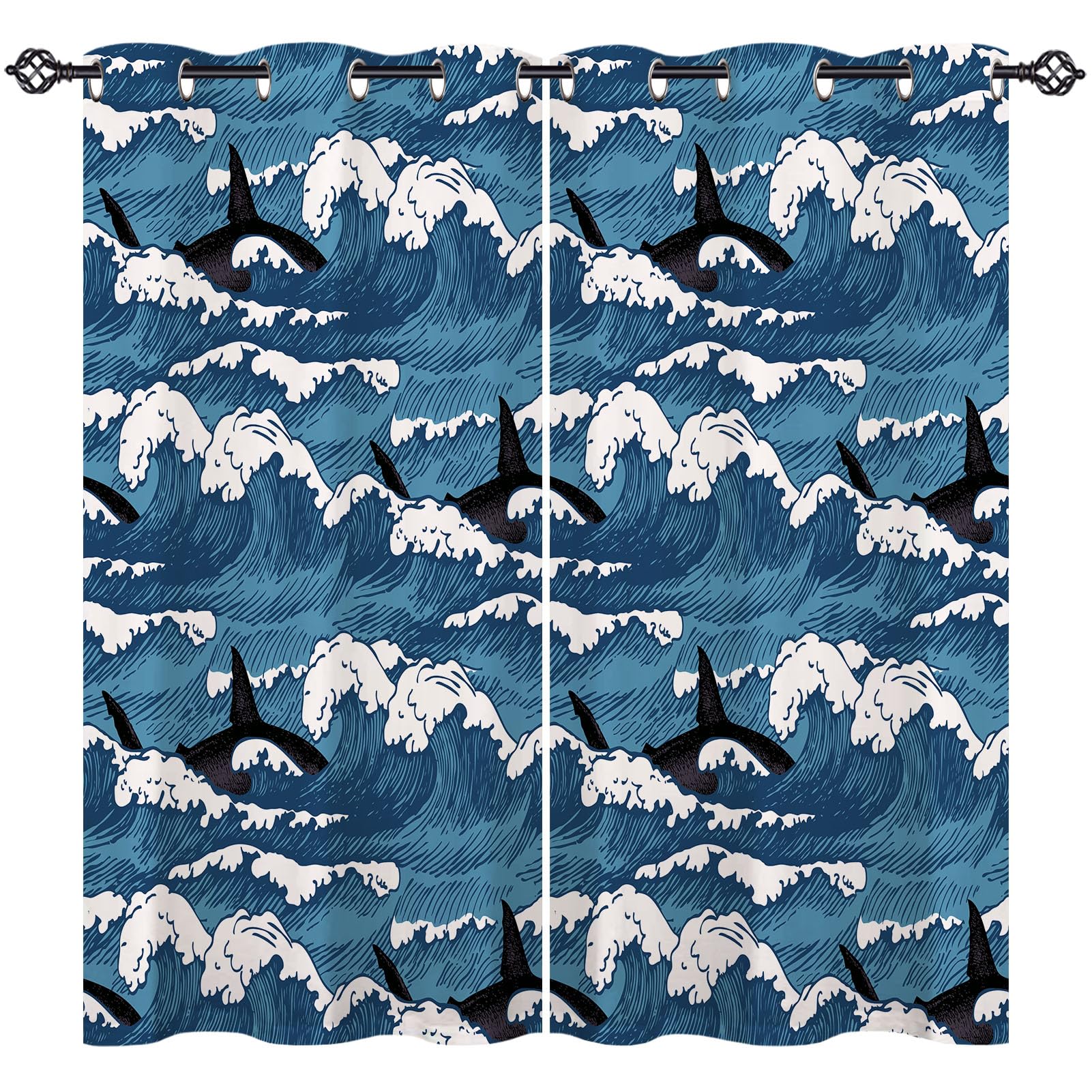 ANHOPE Shark Curtains Eyelet 80% Blackout Room Darkening Curtains with Retro Style Ocean Sea Wave Print Pattern Thermal Insulated Window Drapes for Bedroom Living Room 30 x 63 Inch Drop 2 Panels