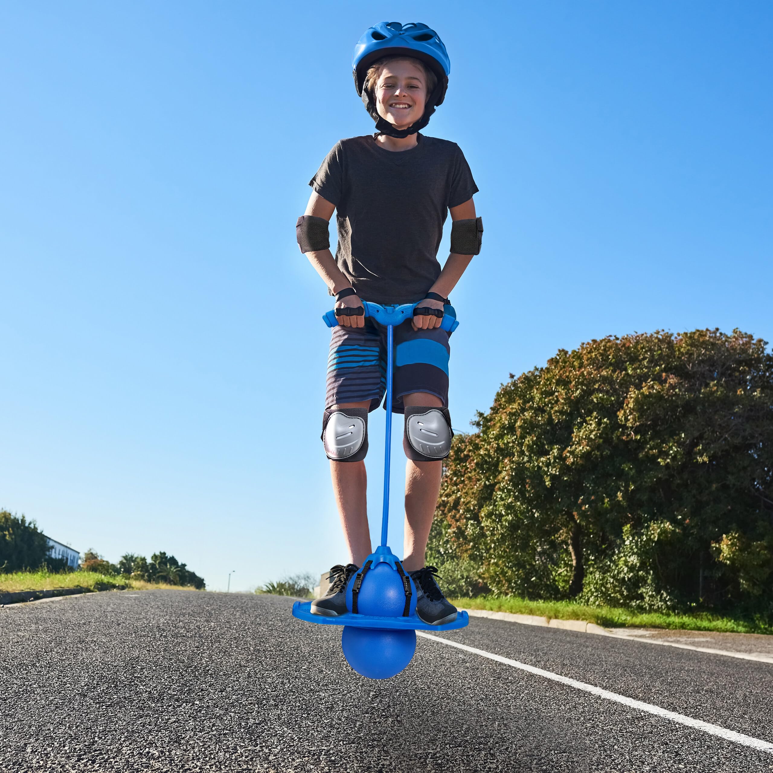 Relaxdays Salterello per Bambini, Pogo Stick con Palla Salta-Salta e Manici, 100 kg, 74x39x29 cm, Gioco da Esterno, Blu