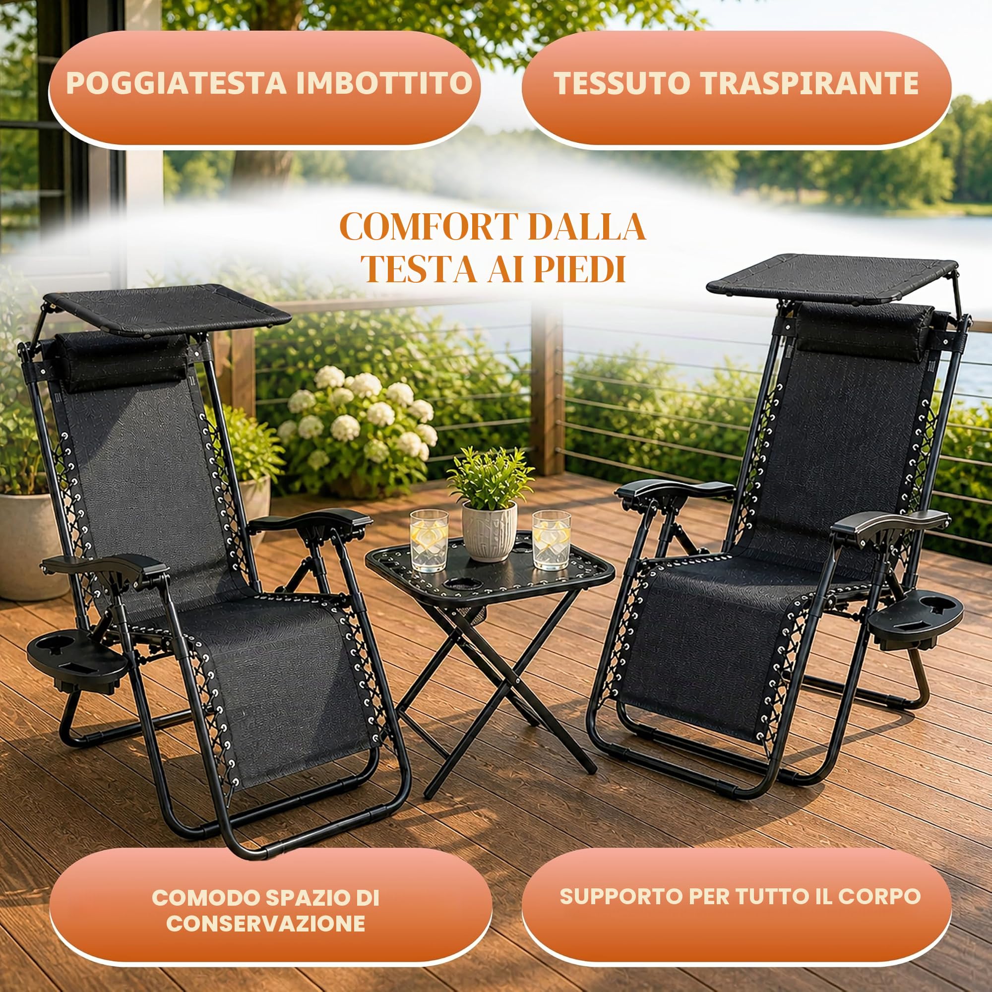 Garden Mile Zero Gravity - Set di 3 lettini prendisole con tavolo, 2 sedie reclinabili pieghevoli con tettuccio, portabicchieri e vassoio per telefono, poggiatesta regolabile, portatile, giardino