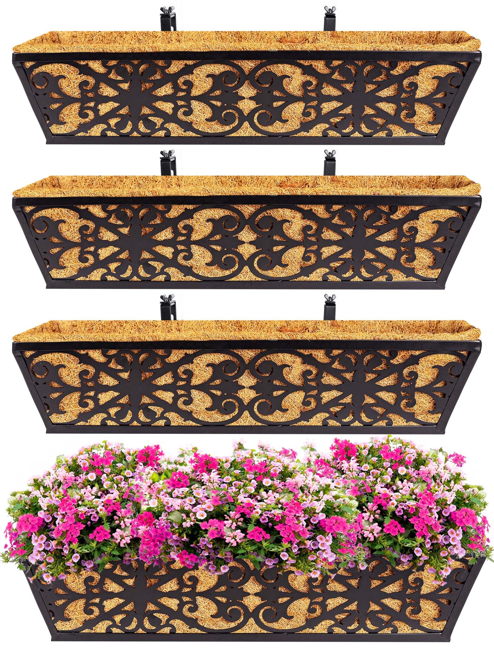 4 Pack 24 Inch Window Boxes Planters Railing Planter Box with Adjustable Brackets & Coco Liners Fabric Plant Grow Bags Deck Railing Planter Boxes Balcony Hanging Flower Box for Outdoor Plants