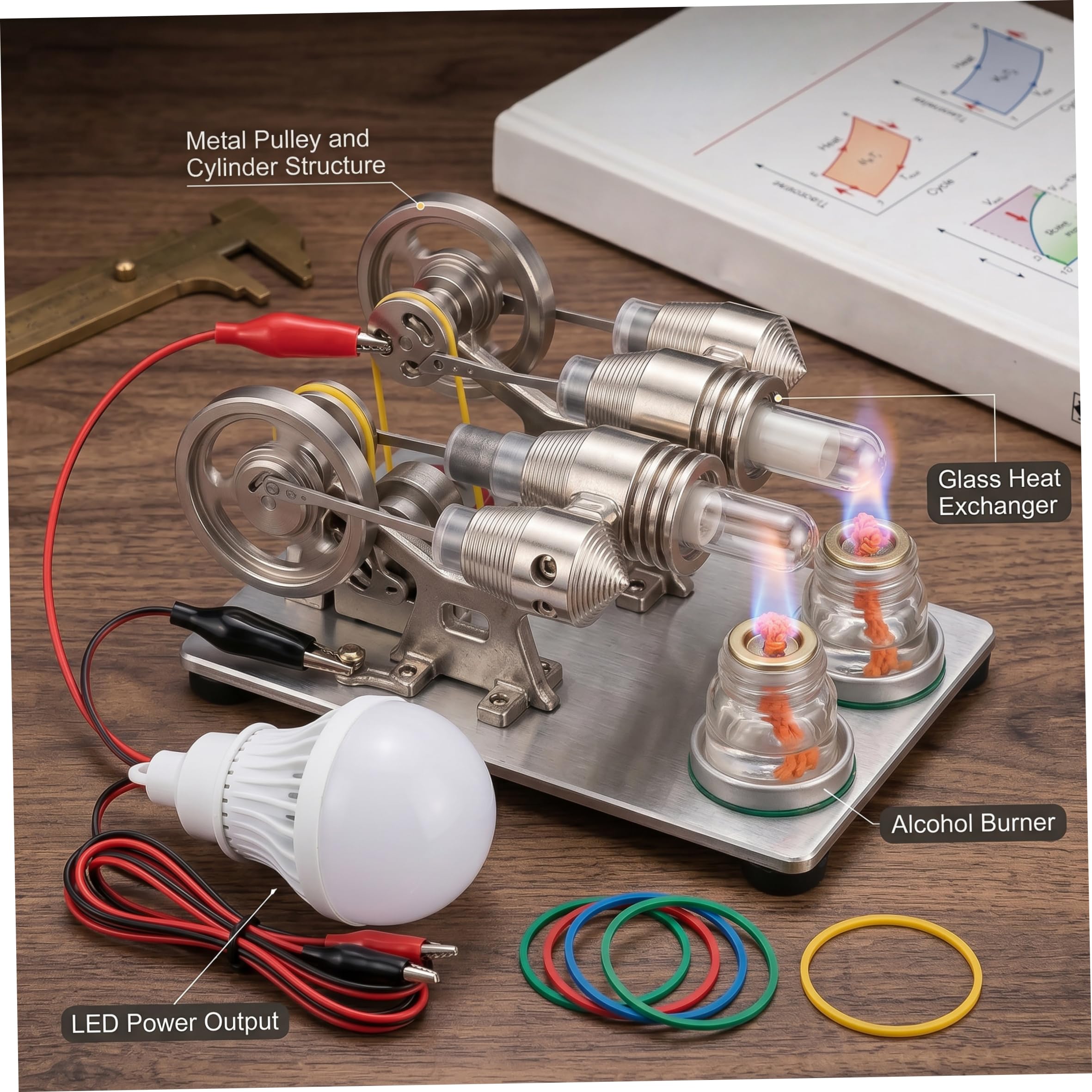Modello Motore Stirling, Kit Motore Stirling - Set Completo dimostrativo di scienze educative con Circuito e Lampadina