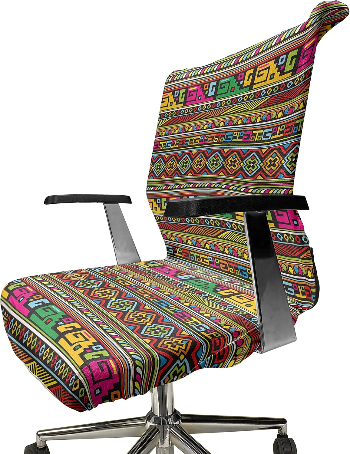Ambesonne African Office Chair Cover, Ancestral Borders in Lively Colors Geometric Indigenous Culture Art Design, Stretchable Decorative Universal Size High Back Printed Slipcover, Red Yellow
