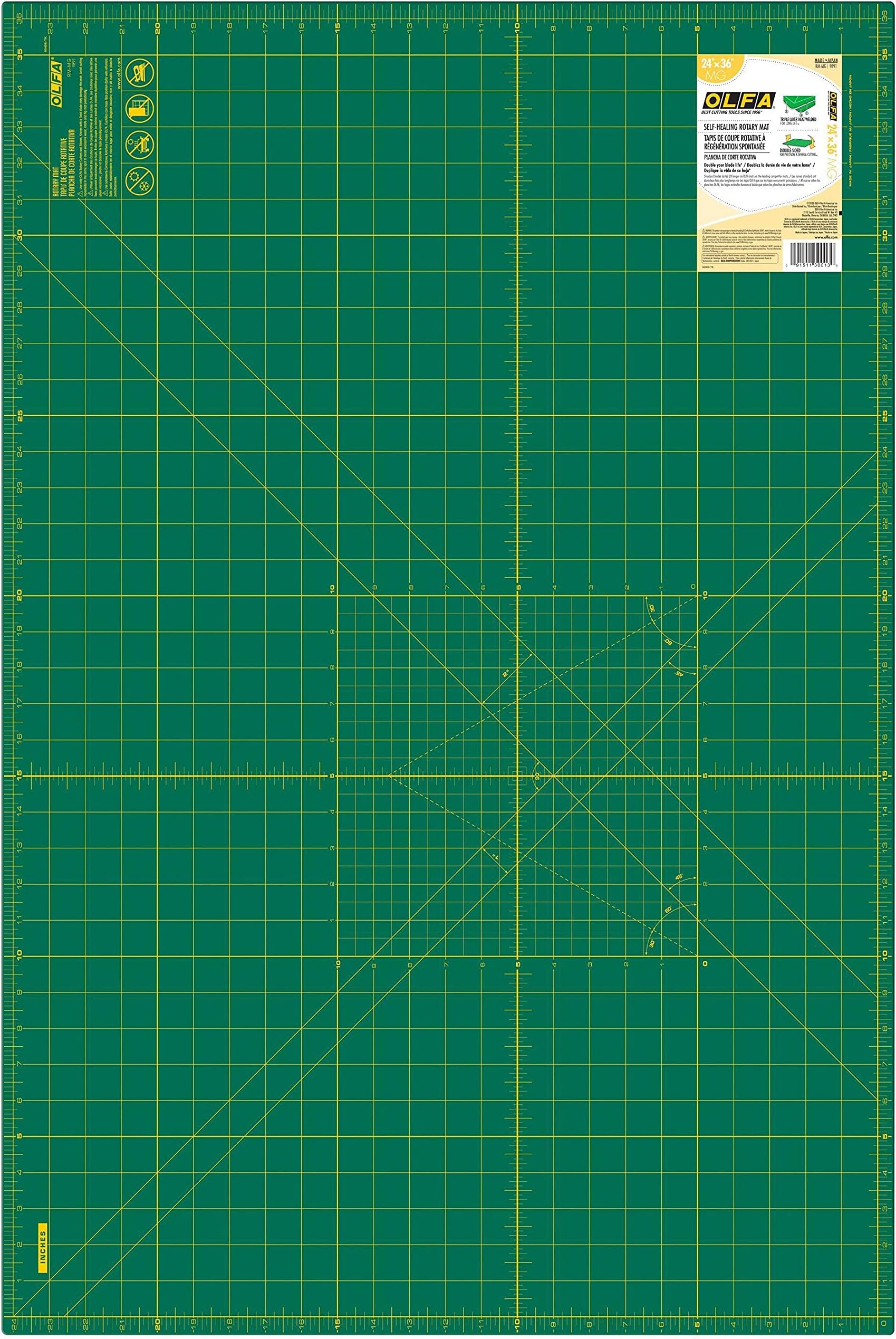 OLFA 24" x 36" Self Healing Rotary Cutting Mat (RM-MG) - Double Sided 24x36 Inch Cutting Mat with Grid for Quilting, Sewing, Fabric, & Crafts, Designed for Use with Rotary Cutters (Green)