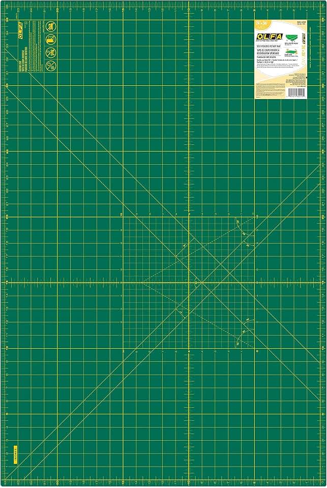 OLFA 24x36" Self-Healing Rotary Cutting Mat (RM-MG) - Double-Sided, Green | Self-healing, triple-layer, double-sided grid, rotary cutter safe - Large quilting projects - Quilters and Crafters
