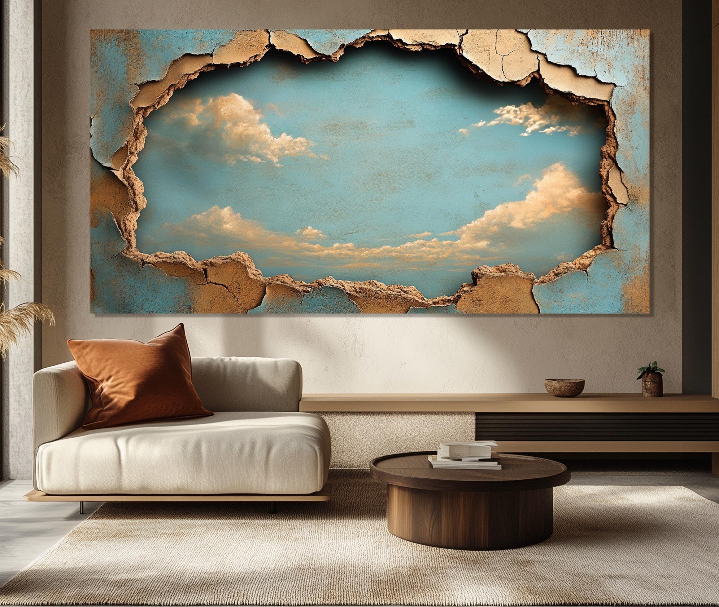 Toile abstraite grand style rétro mur brisé nuage, tableau cadre 20x40 - 6