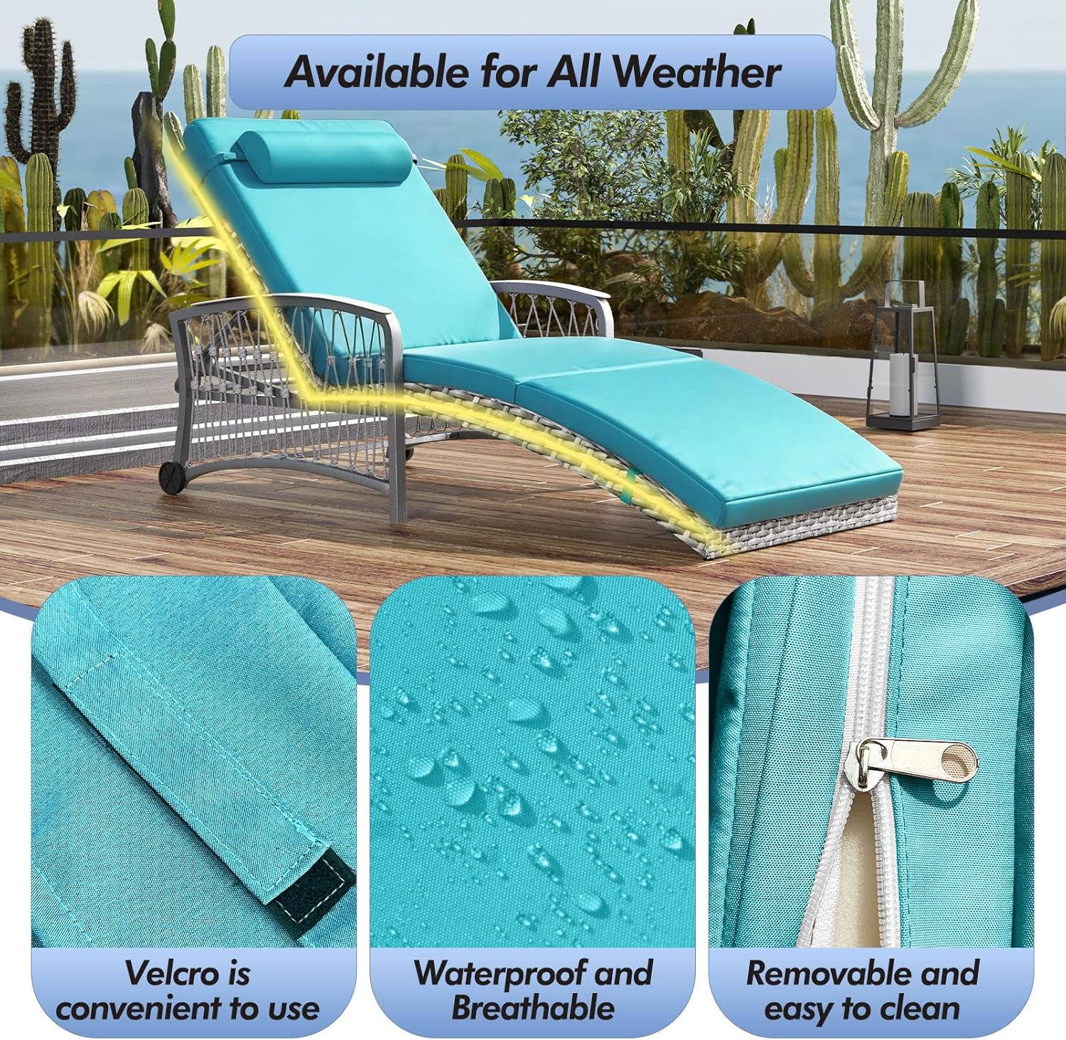Outdoor Chaise Lounge Set of 2 Outdoor Wicker Rattan Patio Chairs Recliners with 5-Position Backrest & Thickened Cushions & Wheels for Backyard Pool Beach