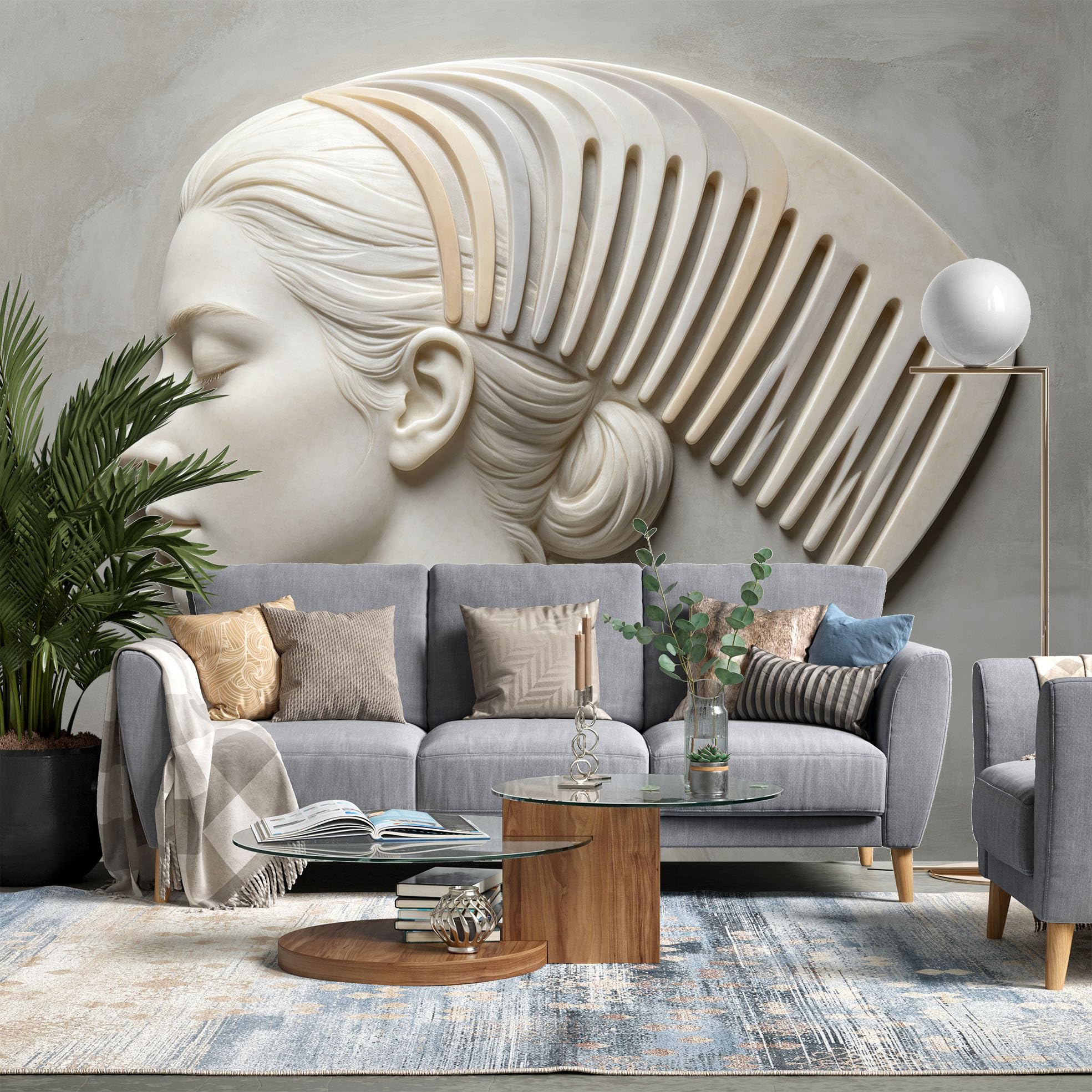 Fototapete Relief Effect Frauenprofil mit Riesigem Kamm Wandbild Tapete Nicht Gewebte 159 x 280 cm 3D Fototapete Abstrakte Wandkunst für Wohnzimmer Schlafzimmer Hintergrund Wohndekoration