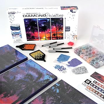 ArtSkills Diamond Painting Kit, Diamond Art on Framed Canvas with Gem Storage Case and Accessory Kit, Beach, 3 Stretched Canvas Panels, 14 x 7 Each