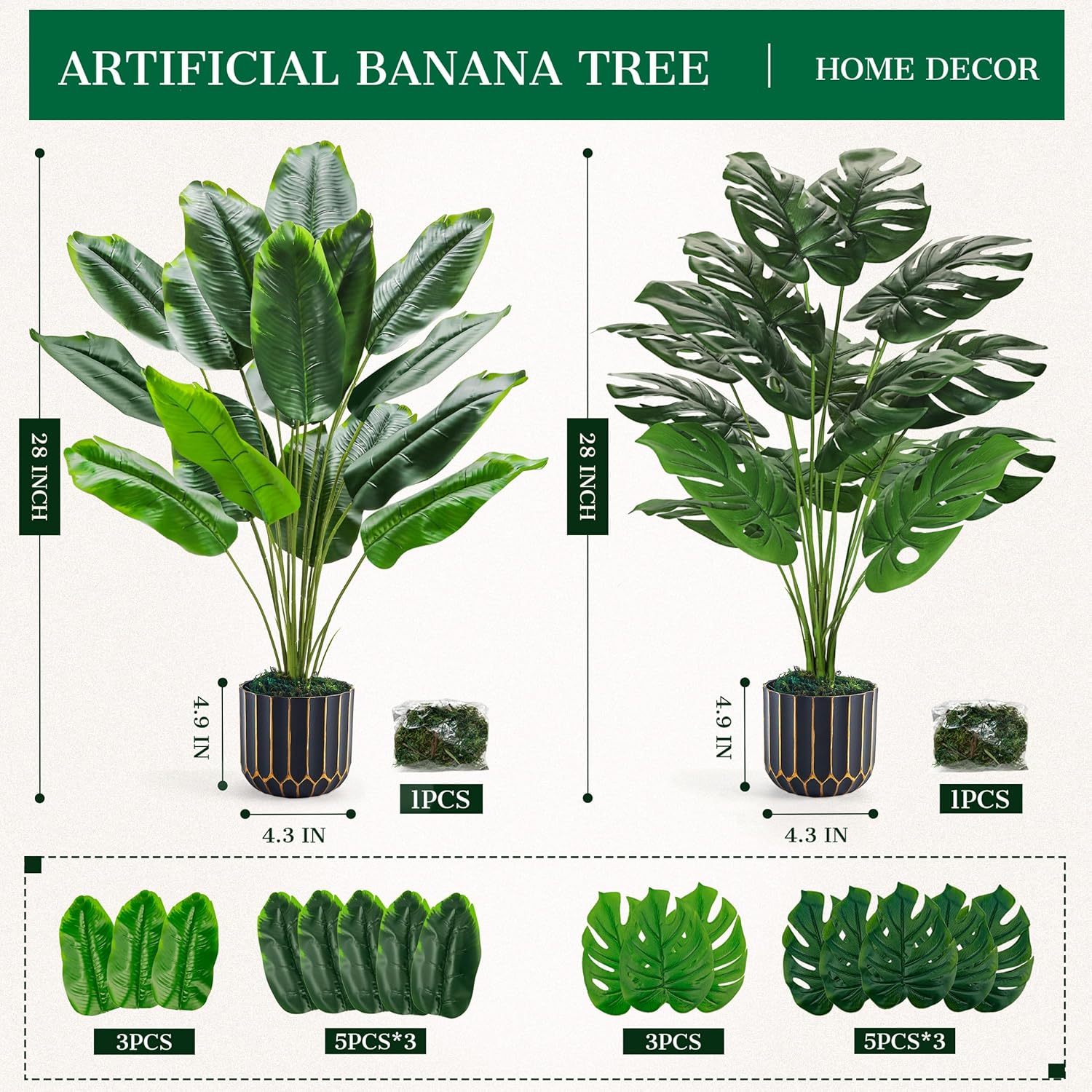 Der Rose 2 Pack 28" Tall Bird of Paradise Artificial Plants and Artificial Monstera Plants Tropical Fake Potted Banana Tree Faux Plants Indoor and Outdoor for Home Office Living Room Porch Decor - Image 3