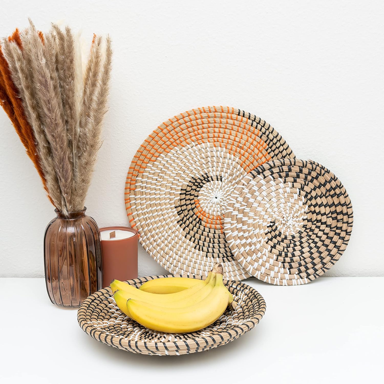 Set of 3 Round Wicker Wall Baskets, Brown, 13.78 in Flat, 11.8 in Deep, 10 in Flat