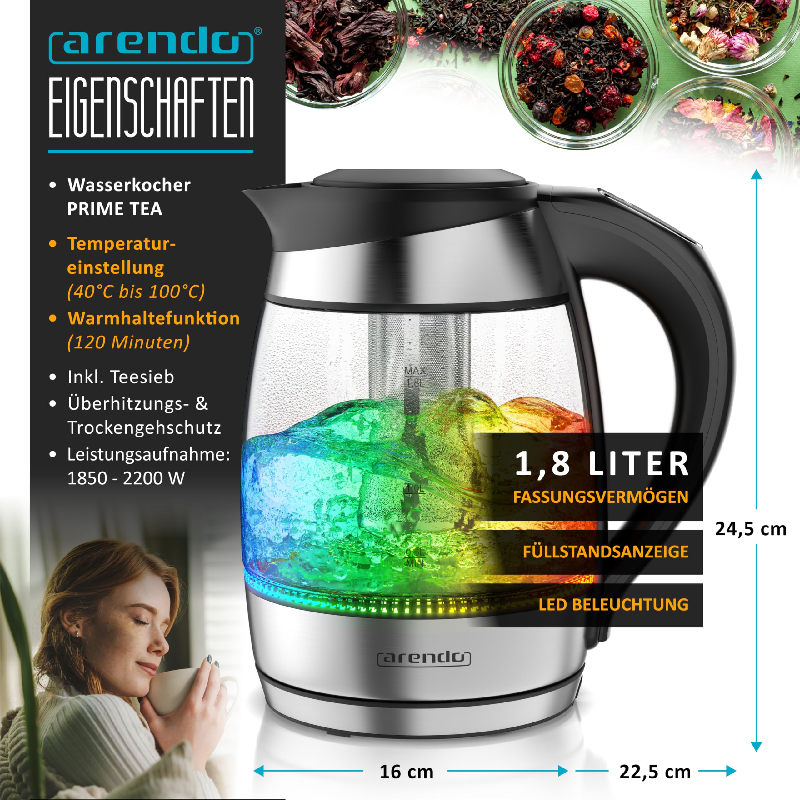 Arendo - Glas Wasserkocher mit Temperatureinstellung - mit Teesieb - Kabellos - 2200 W - 1,8L – Überhitzungsschutz – Temperaturauswahl 40° - 100°C - Warmhaltefunktion - LED Beleuchtung