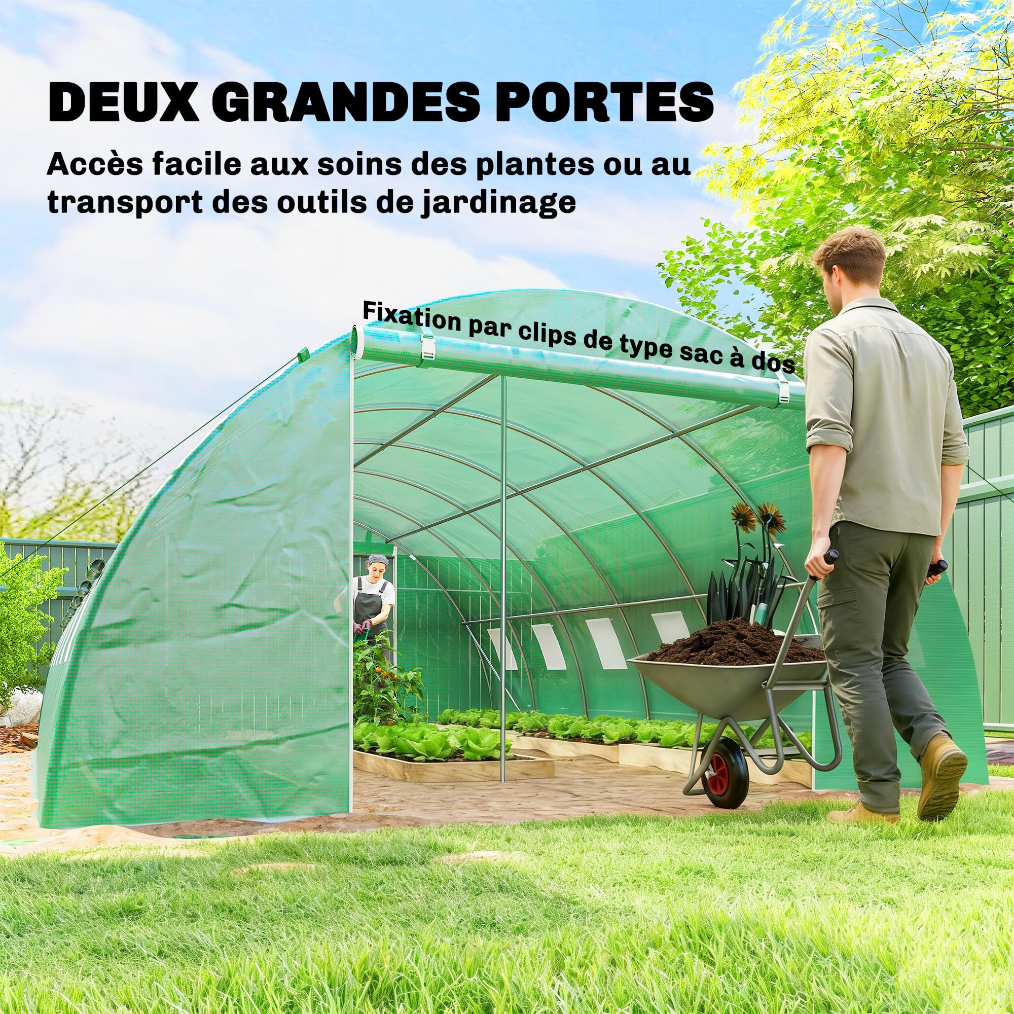 Outsunny Serre Tunnel de Jardin 24m² 395x595x199cm, Acier Galvanisé Ø25mm et Structure Renforcée - Serre Maraîchère en Bâche PE 140g/m², 12 Fenêtres & 2 Portes, Idéale Potager & Hivernage, Vert