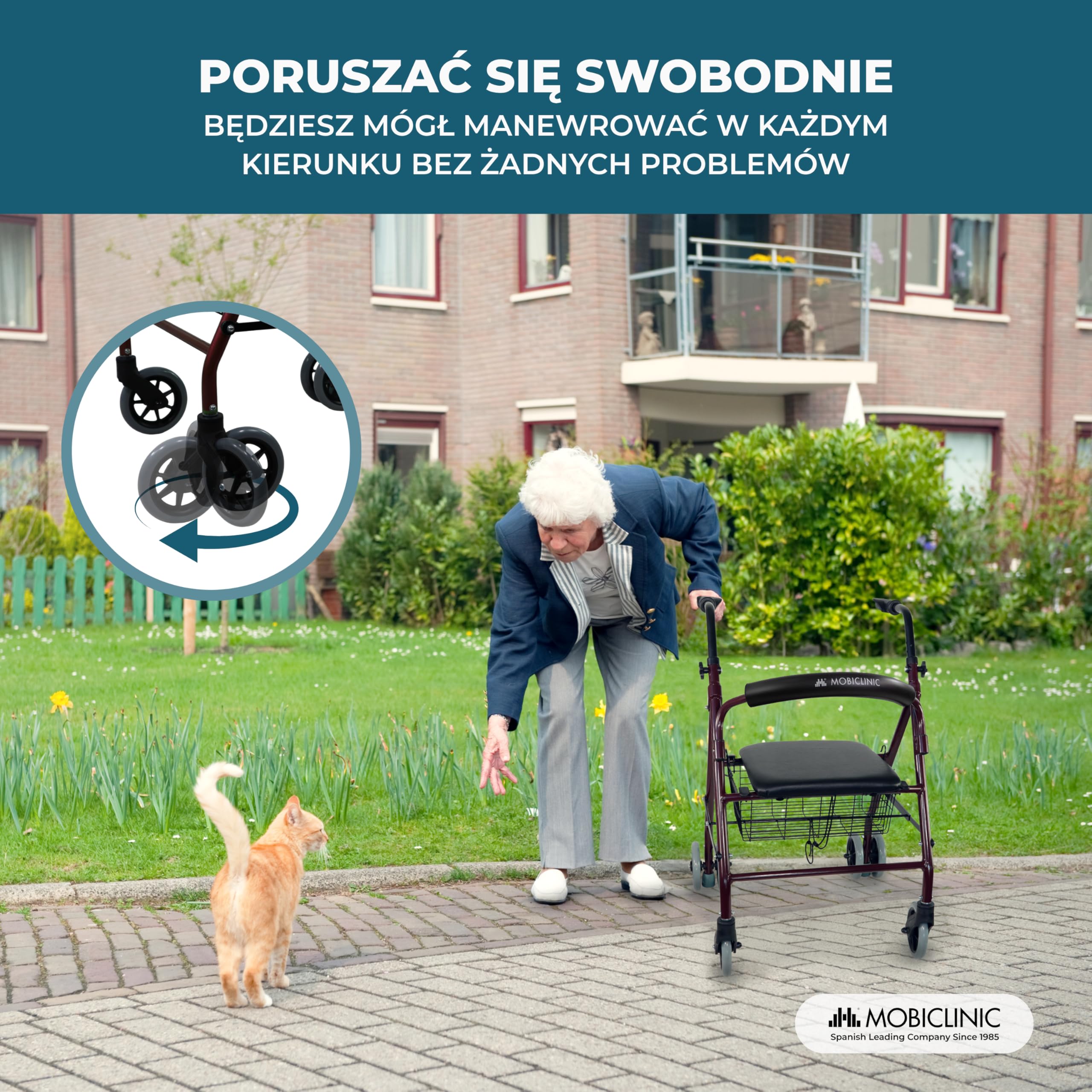 Mobiclinic, Model prado, Chodzik dla niepełnosprawnych, Osób starszych, Rollator, Aluminiowy, Lekki, Składany, Hamulce ciśnieniowe, Z siedziskiem, Koszem i 4 kółkami, Kolor bordeaux