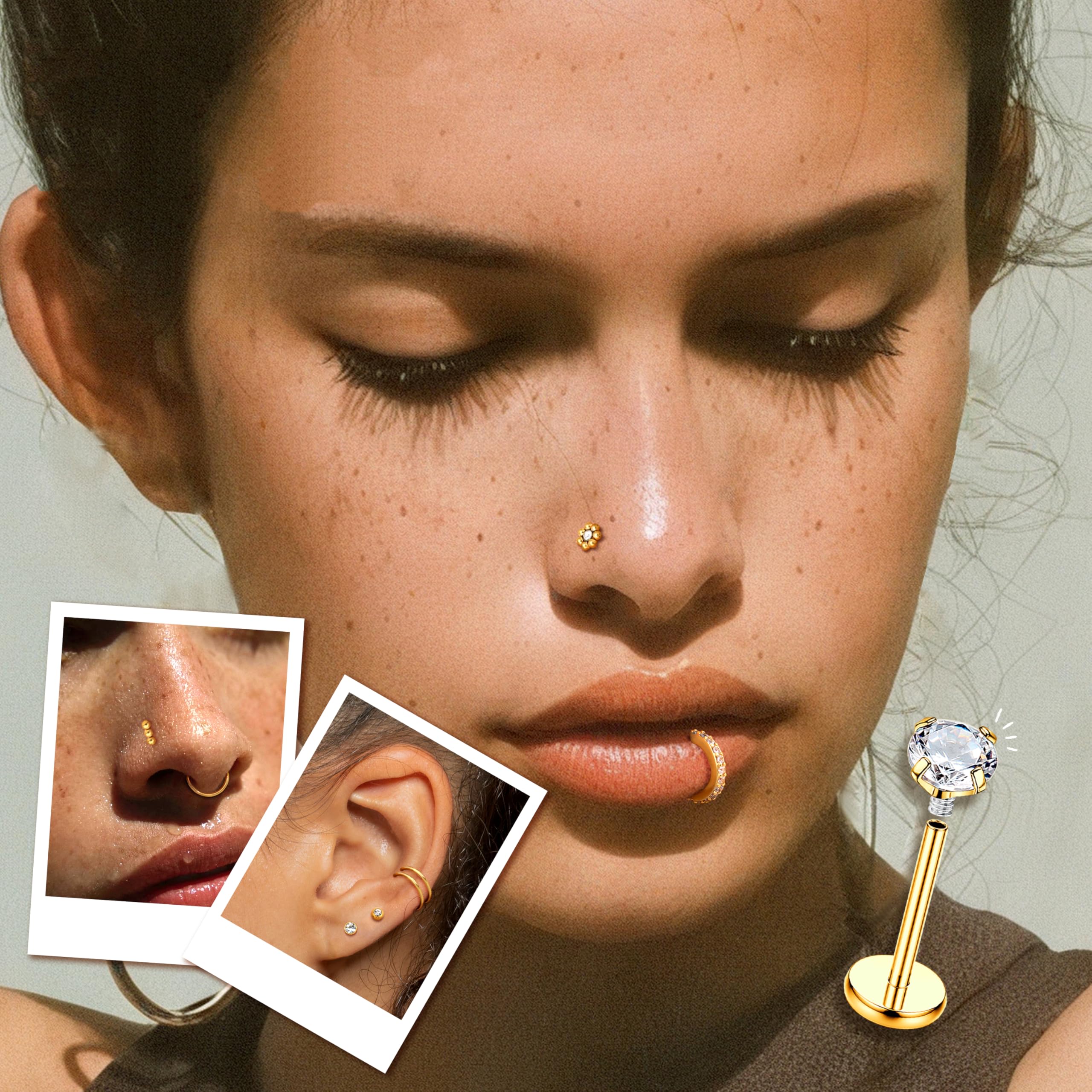 HHRFCS 16G Piercing Helix Biżuteria Gwintowany wkręt do nosa Labret Szpilki Kolczyk w nosie Kolczyki z płaskim tyłem Stal chirurgiczna Helix Hoop Muszla Daith Lip Piercing Tragus Srebrne Złoto