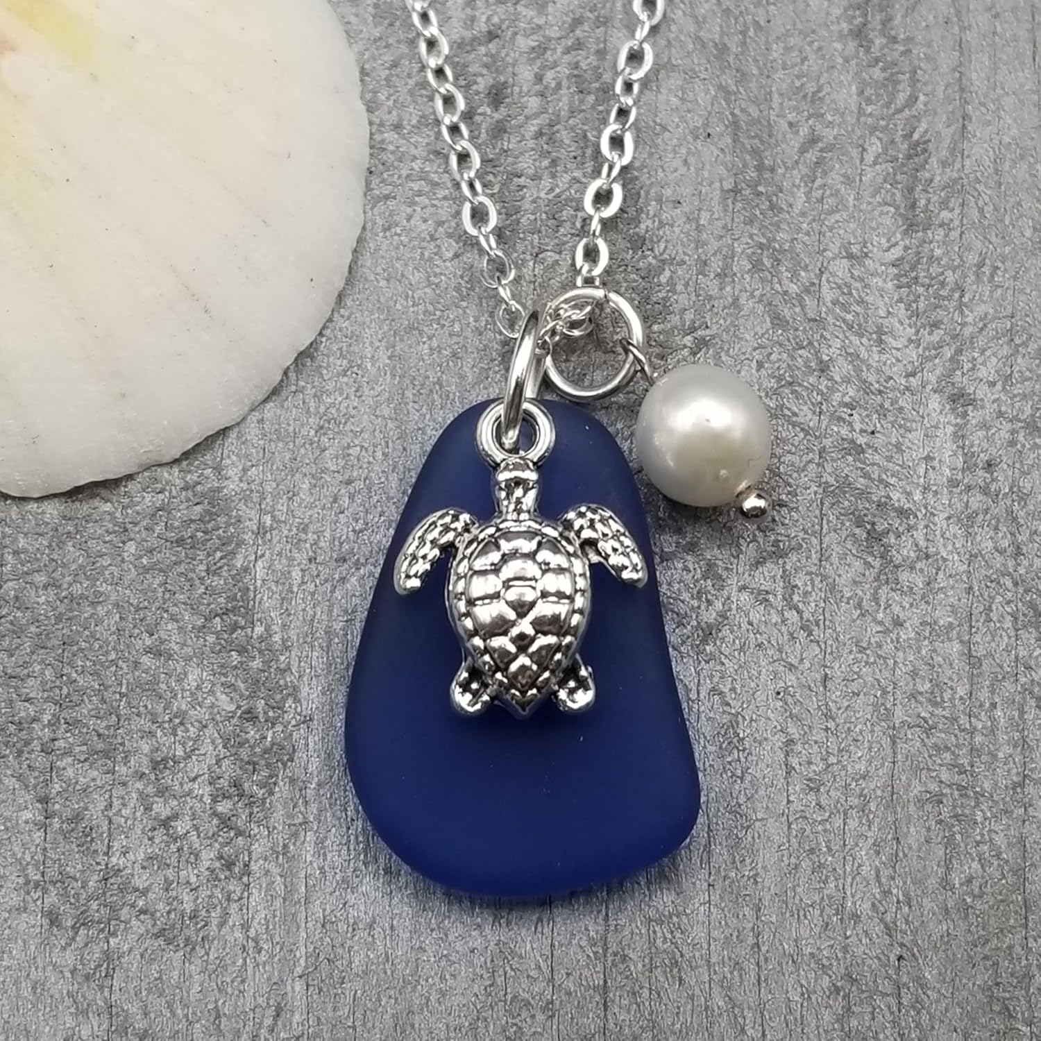 yinahawaii Handmade cobalt sea glass necklace, September Birthstone, sea turtle charm, Natural pearl, (Hawaii Gift Wrapped, Customizable Gift Message)