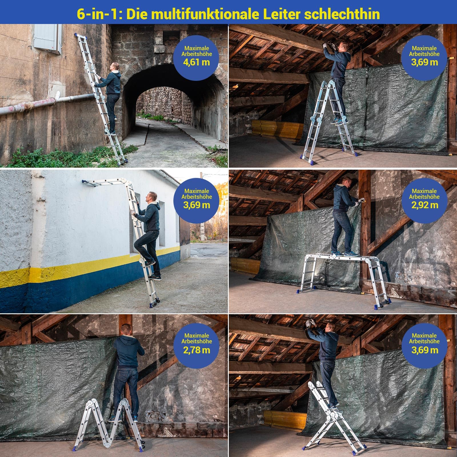 HOSTRÖM Gelenkleiter Multifunktionsleiter 3x4 Stufen, Stavalance 4x3, Aluminium, 3,6 m Länge klappbar, Leiter 4-teilig bis 150 kg, Gelenkleiter Klappleiter Stehleiter Aluleiter