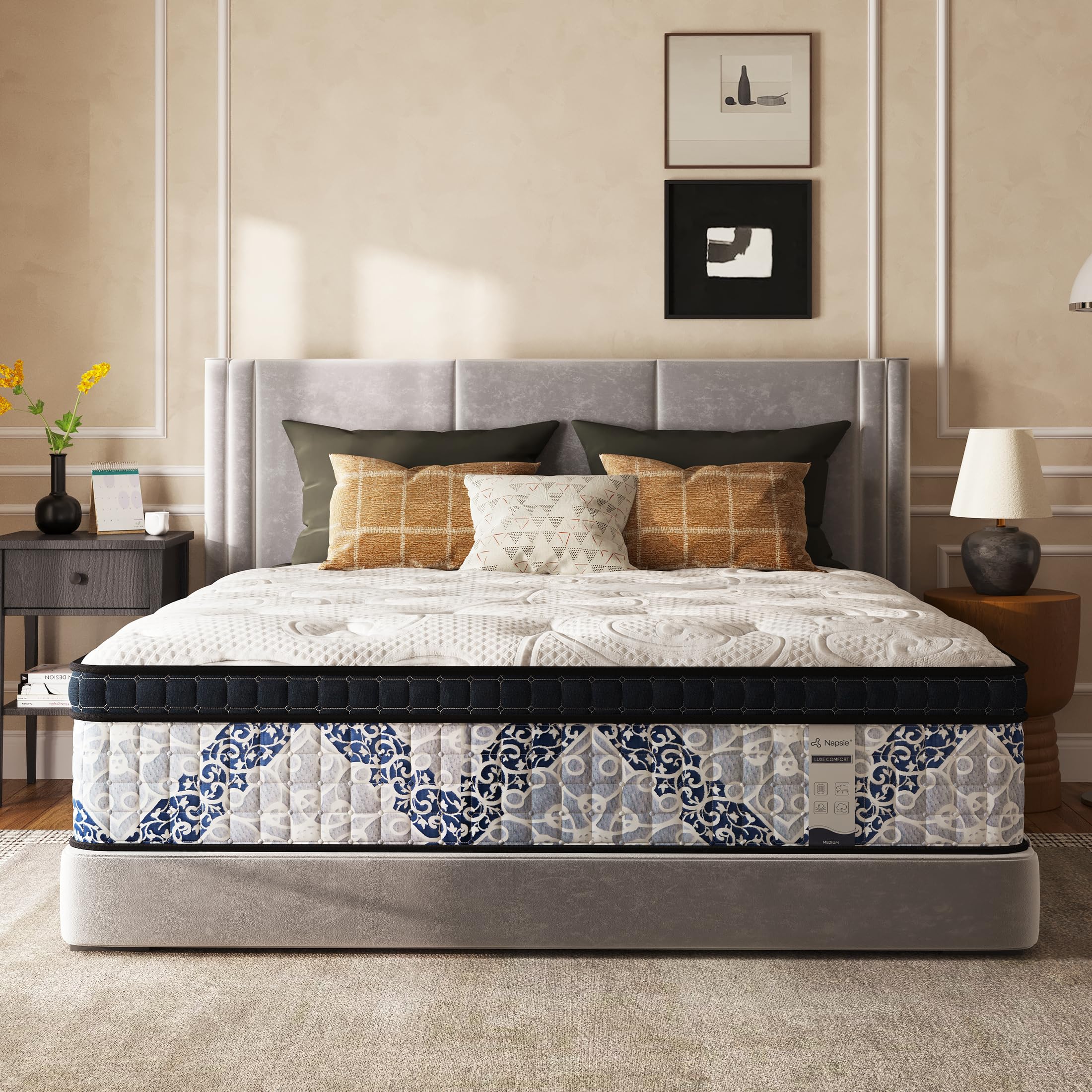 14 inch hybrid king mattress, king size mattress in a box, medium firm comfort with hypoallergenic quilted cover, motion isolation & pressure relief, certipur-us certified, 80" x 76" x 14"