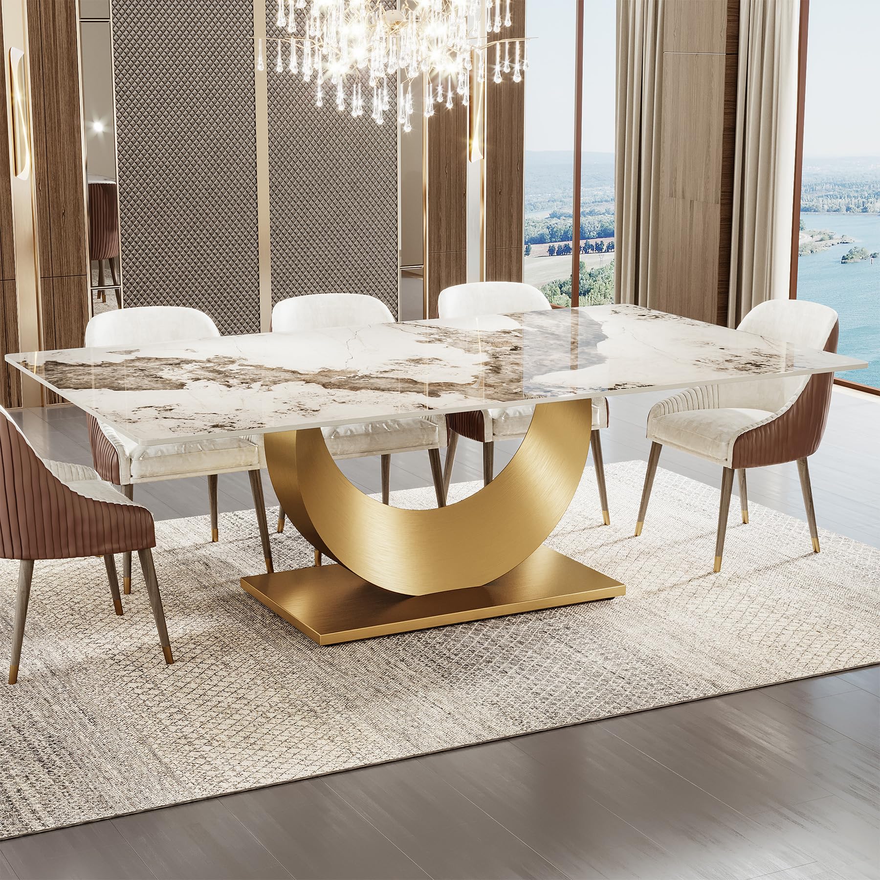 View 1 of [Partial Set] Tribesigns Sintered Stone Dining Table - 78.7" White Gold